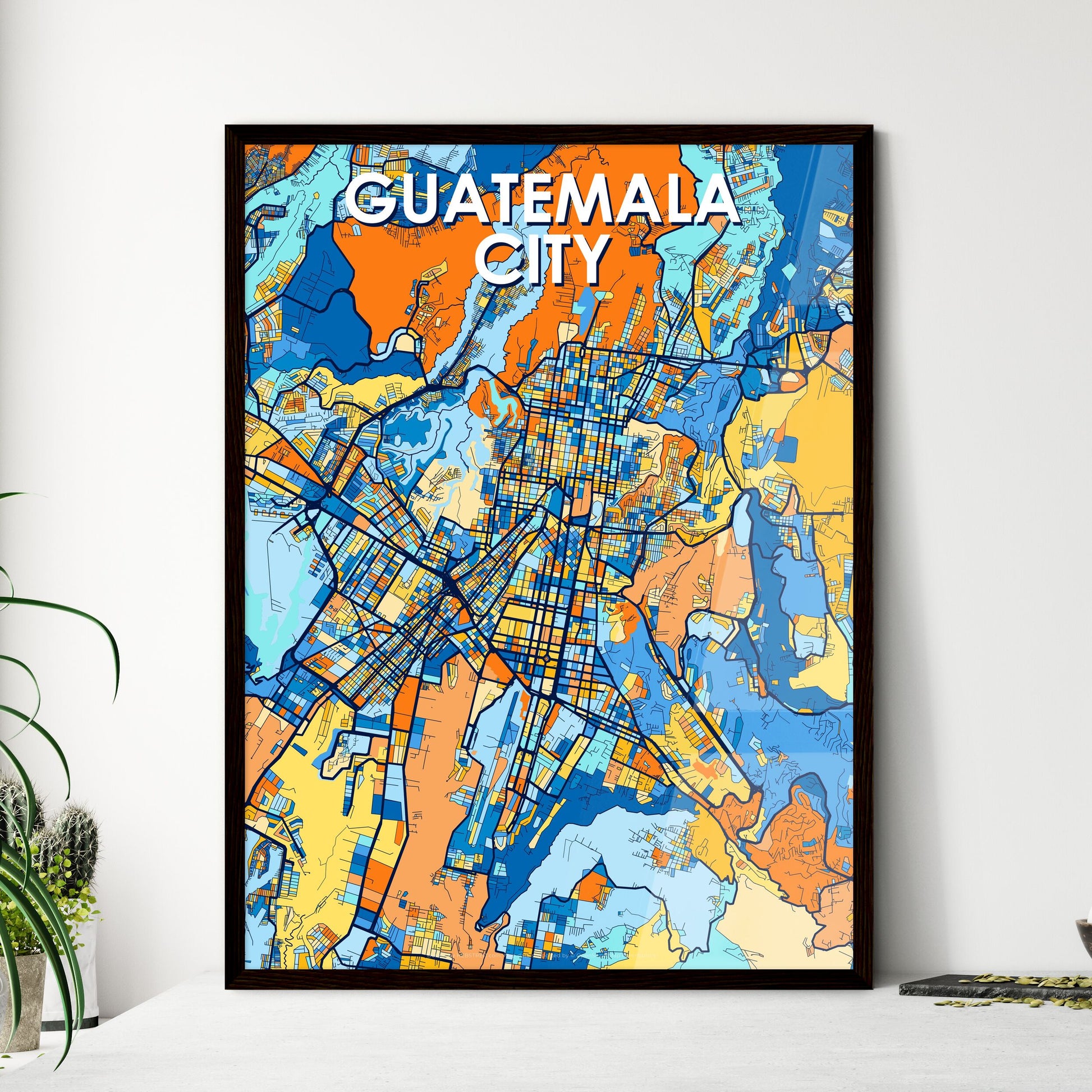 GUATEMALA CITY GUATEMALA Vibrant Colorful Art Map Poster Blue Orange