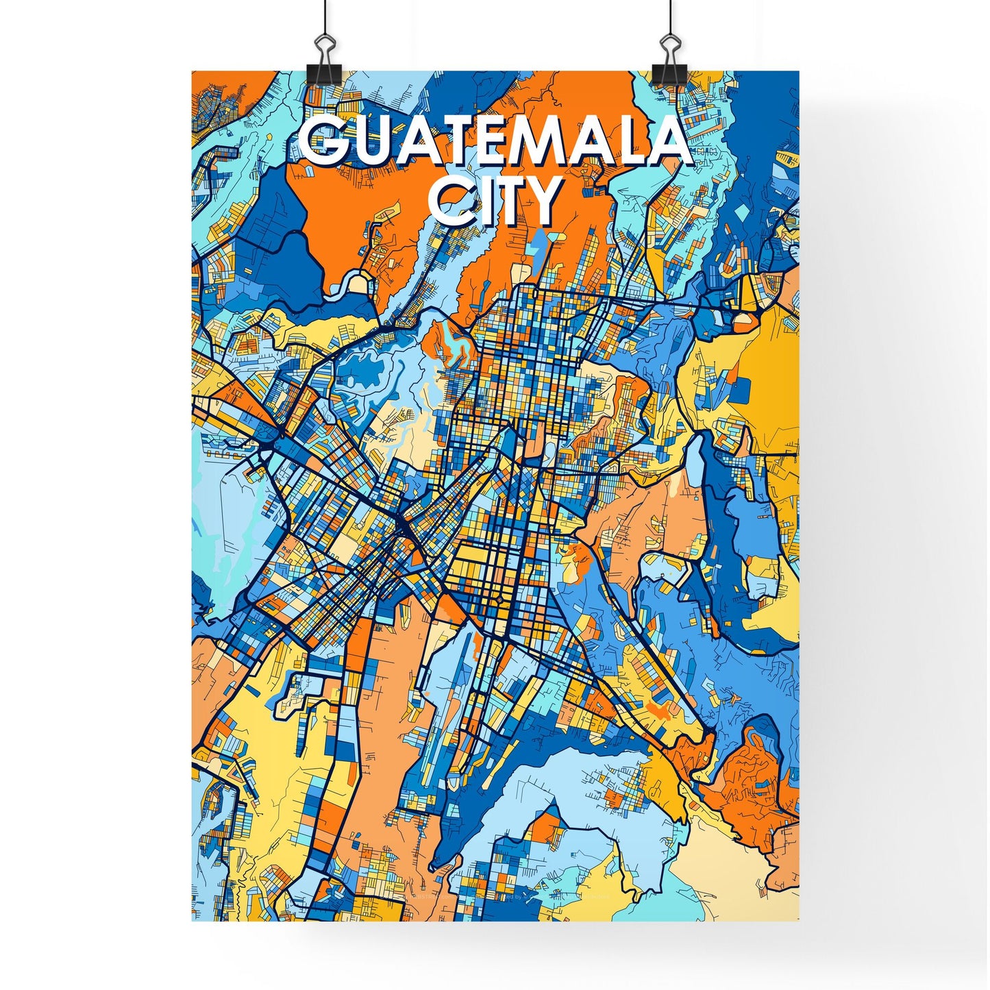 GUATEMALA CITY GUATEMALA Vibrant Colorful Art Map Poster Blue Orange