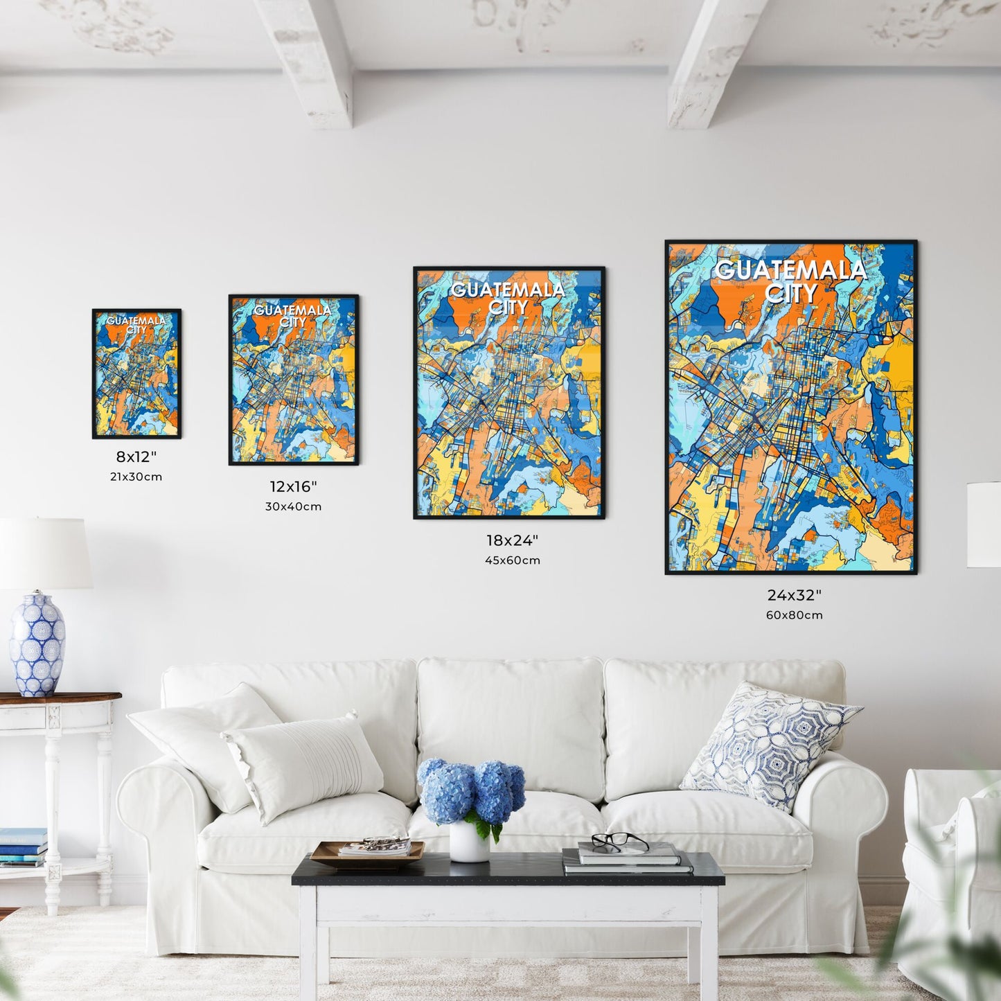 GUATEMALA CITY GUATEMALA Vibrant Colorful Art Map Poster Blue Orange