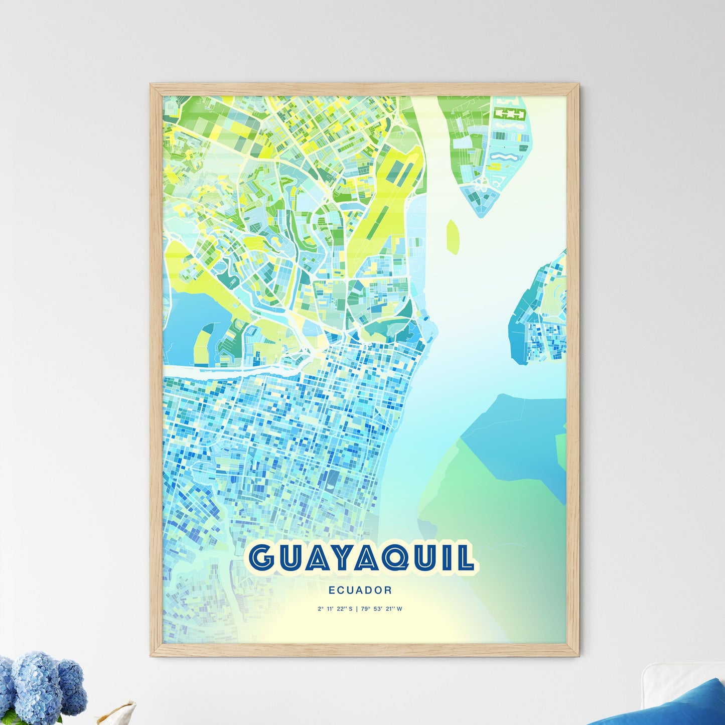 Colorful Guayaquil Ecuador Fine Art Map Cool Blue