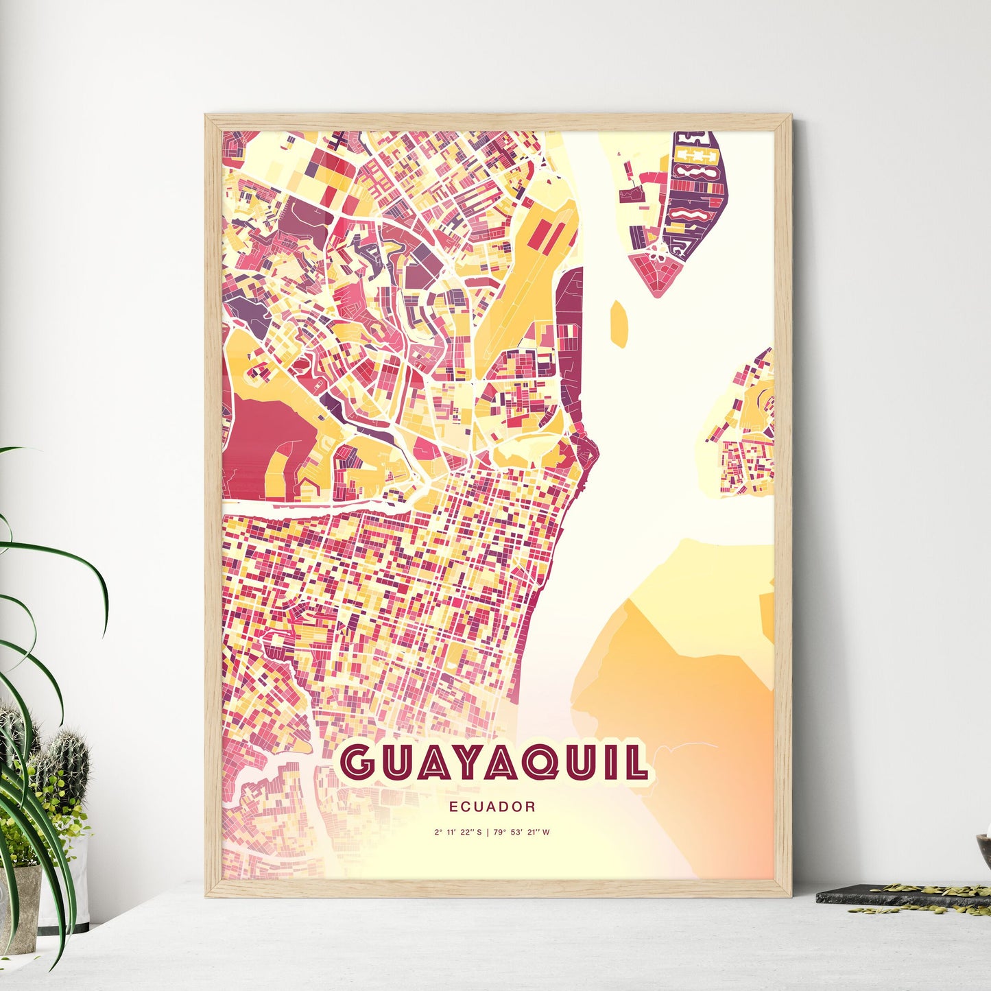 Colorful Guayaquil Ecuador Fine Art Map Hot Red