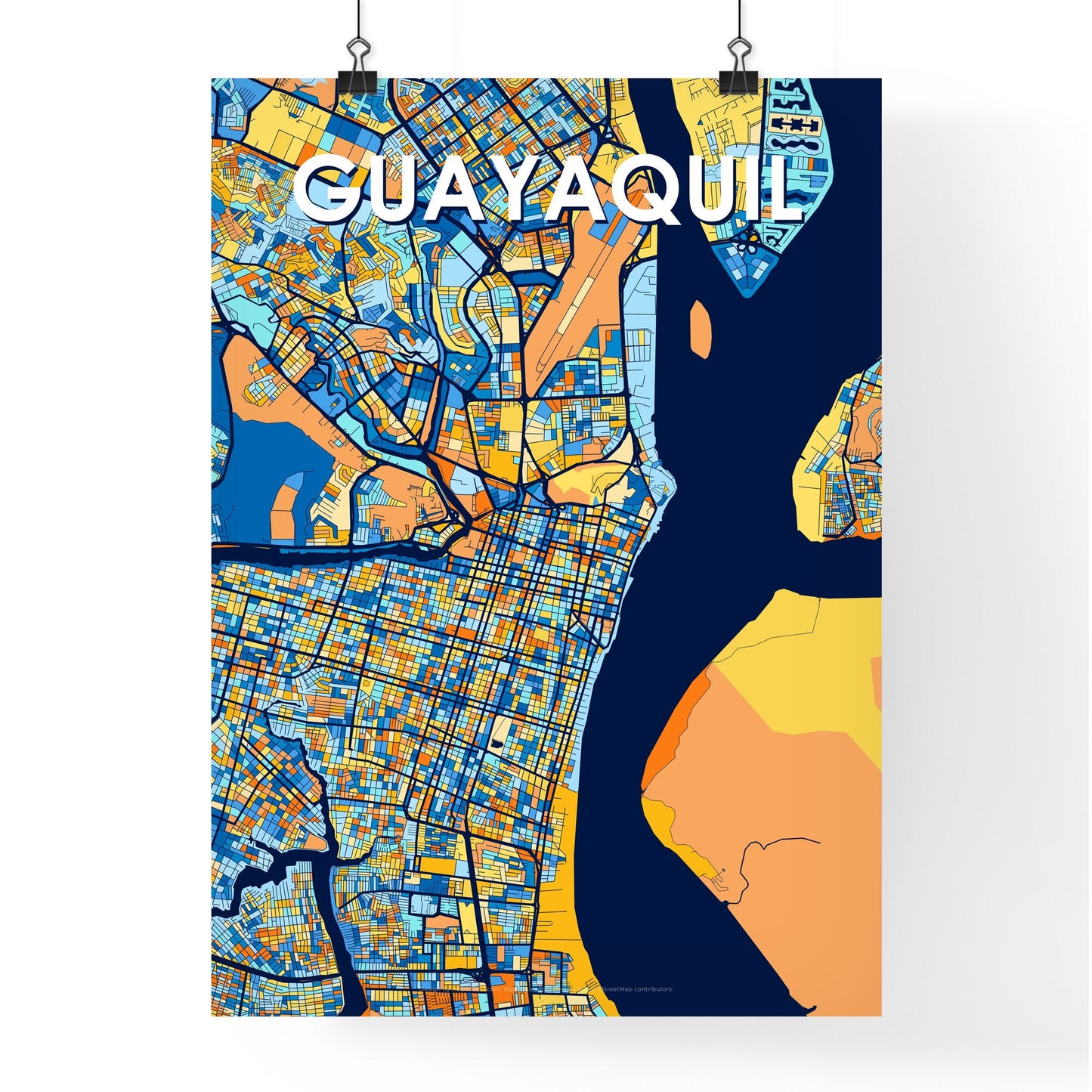 GUAYAQUIL ECUADOR Vibrant Colorful Art Map Poster Blue Orange