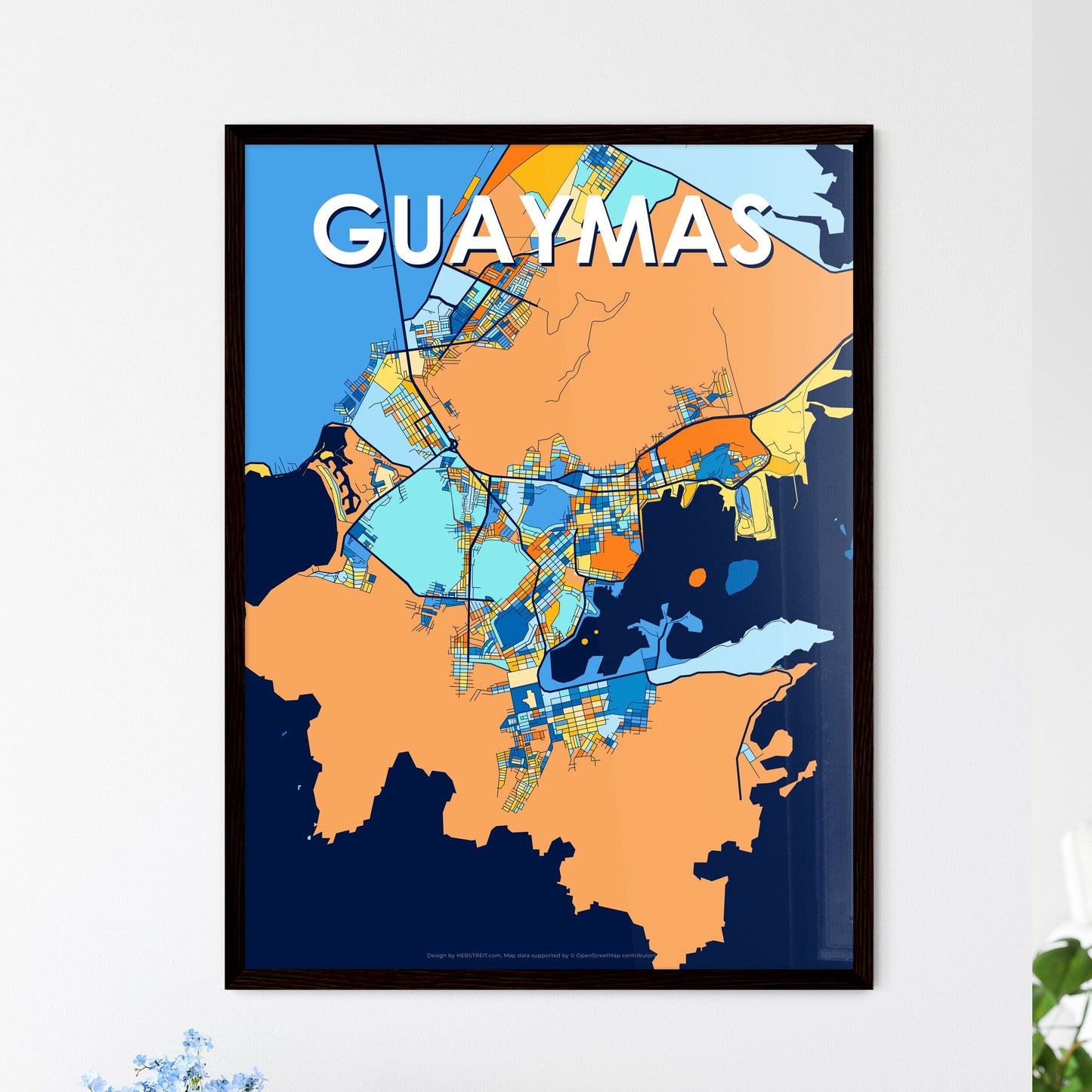 GUAYMAS MEXICO Vibrant Colorful Art Map Poster Blue Orange