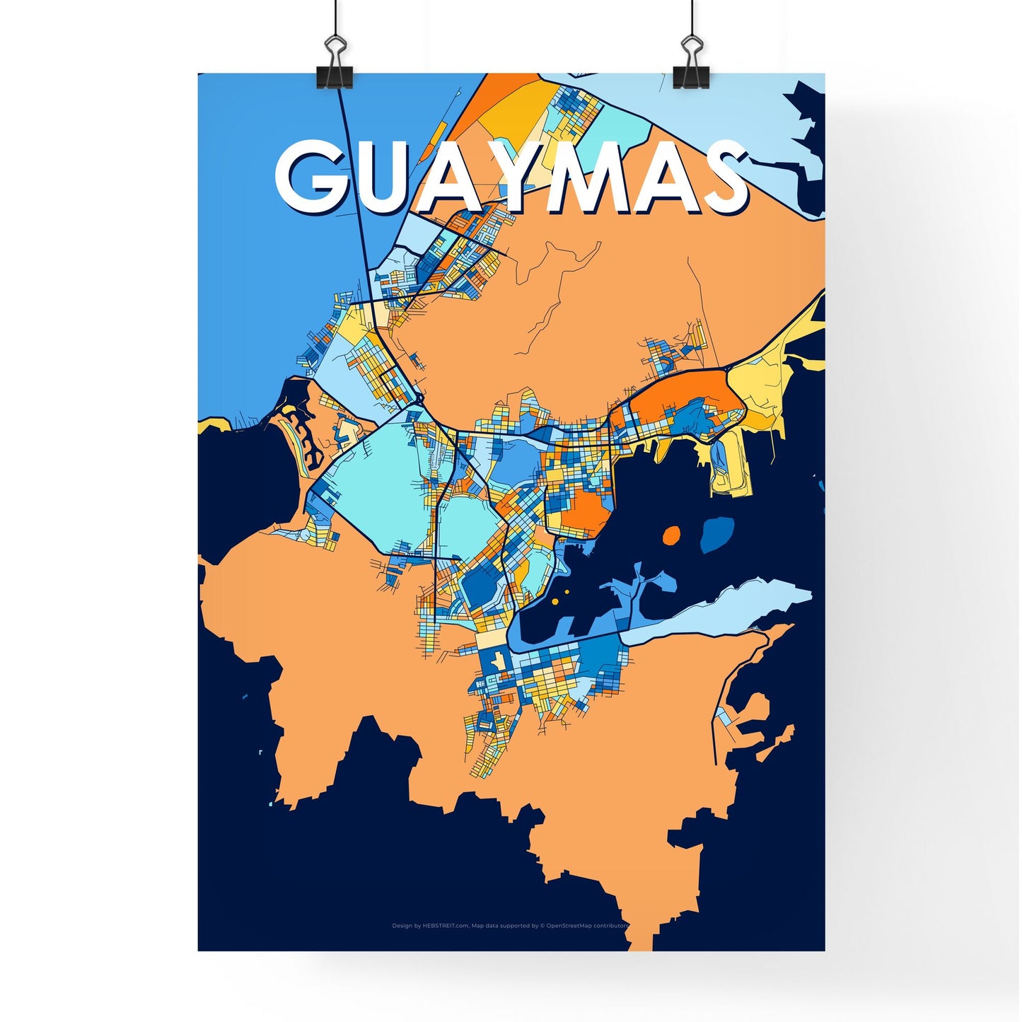 GUAYMAS MEXICO Vibrant Colorful Art Map Poster Blue Orange