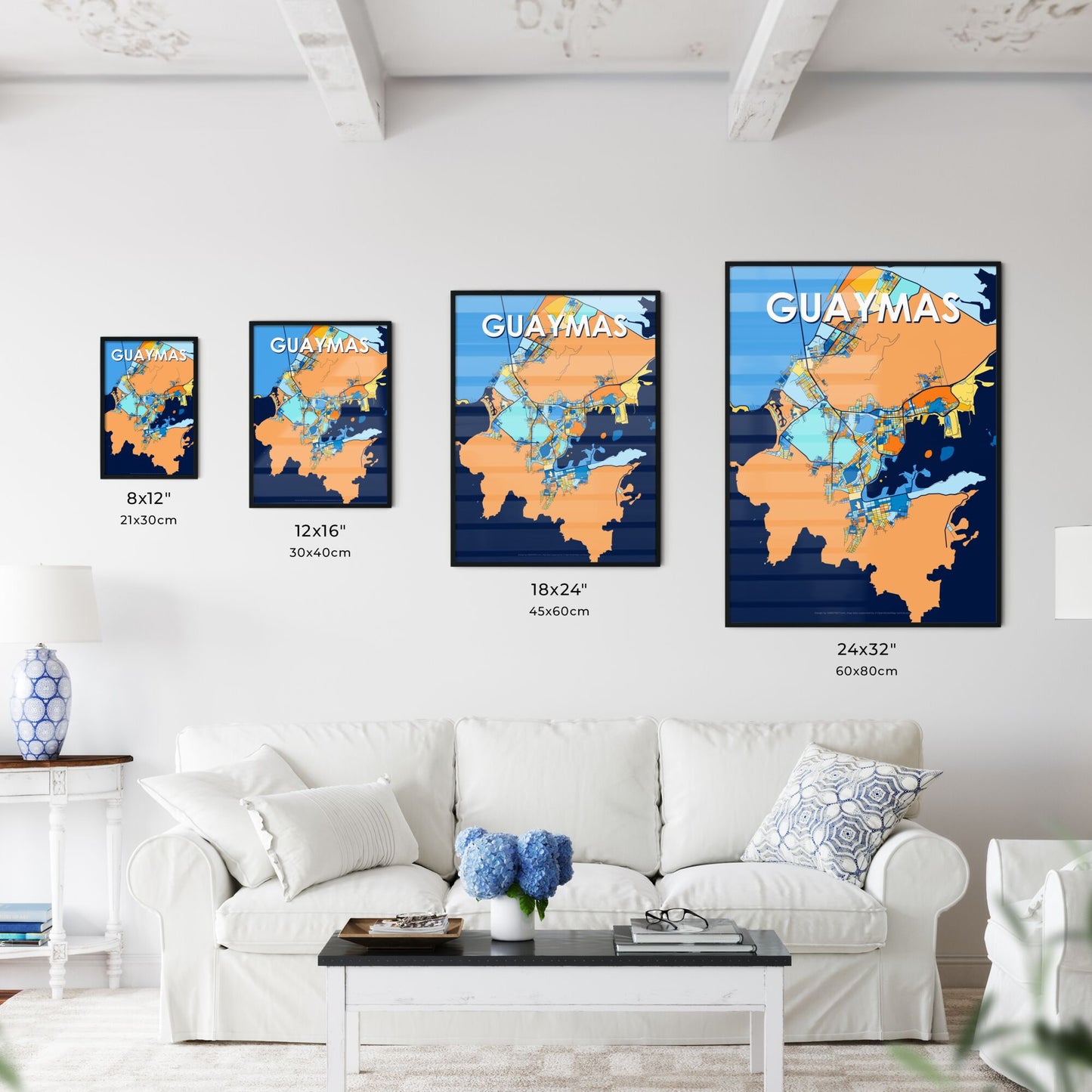 GUAYMAS MEXICO Vibrant Colorful Art Map Poster Blue Orange