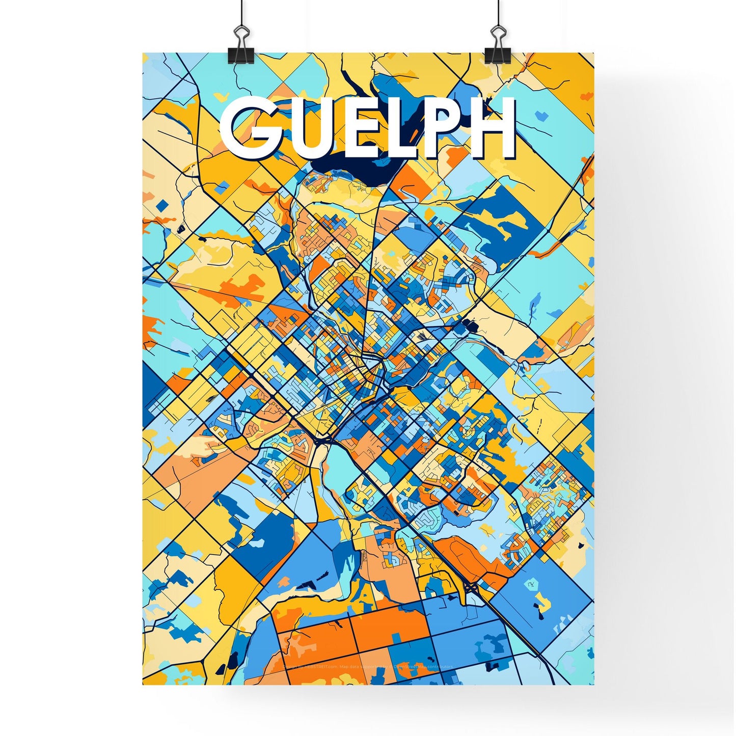 GUELPH CANADA Vibrant Colorful Art Map Poster Blue Orange