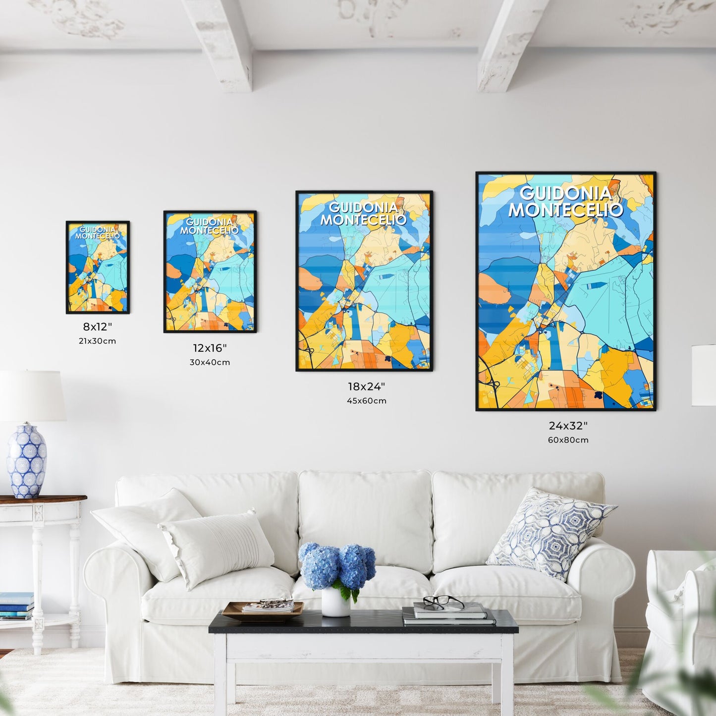 GUIDONIA MONTECELIO ITALY Vibrant Colorful Art Map Poster Blue Orange