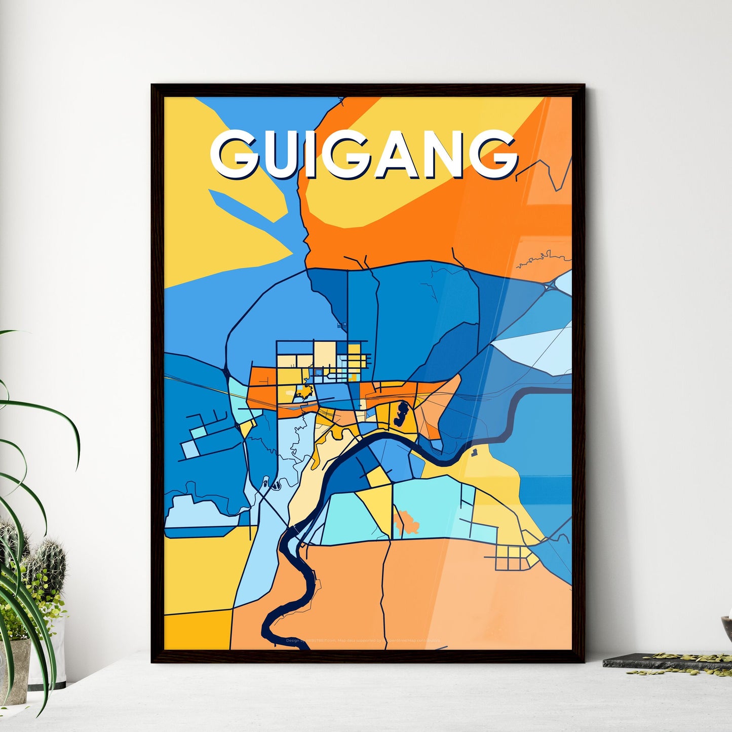 GUIGANG CHINA Vibrant Colorful Art Map Poster Blue Orange