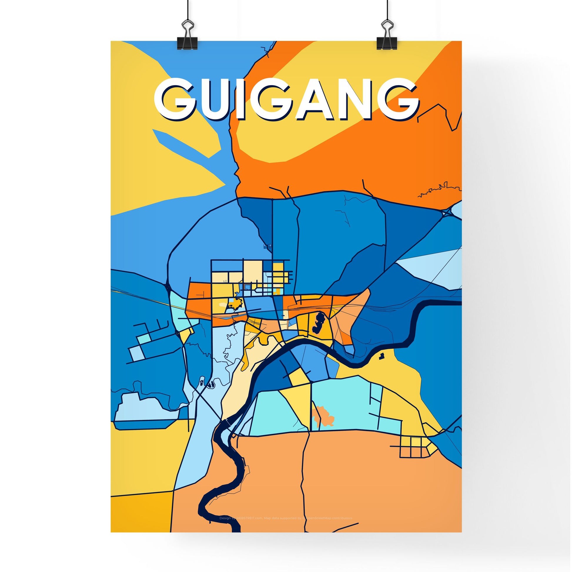 GUIGANG CHINA Vibrant Colorful Art Map Poster Blue Orange