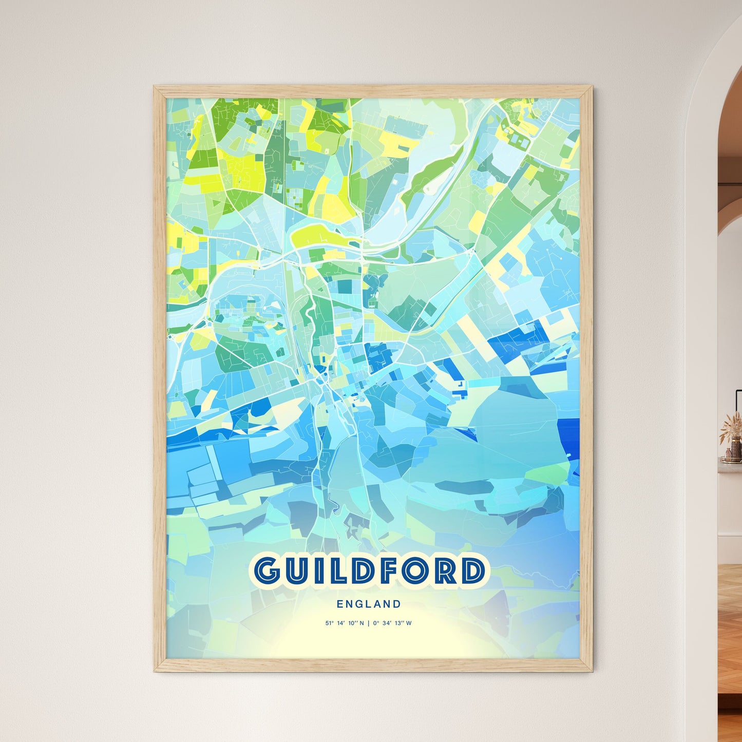Colorful Guildford England Fine Art Map Cool Blue