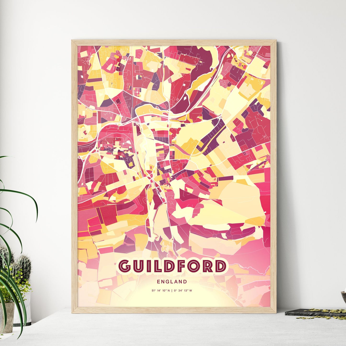 Colorful Guildford England Fine Art Map Hot Red