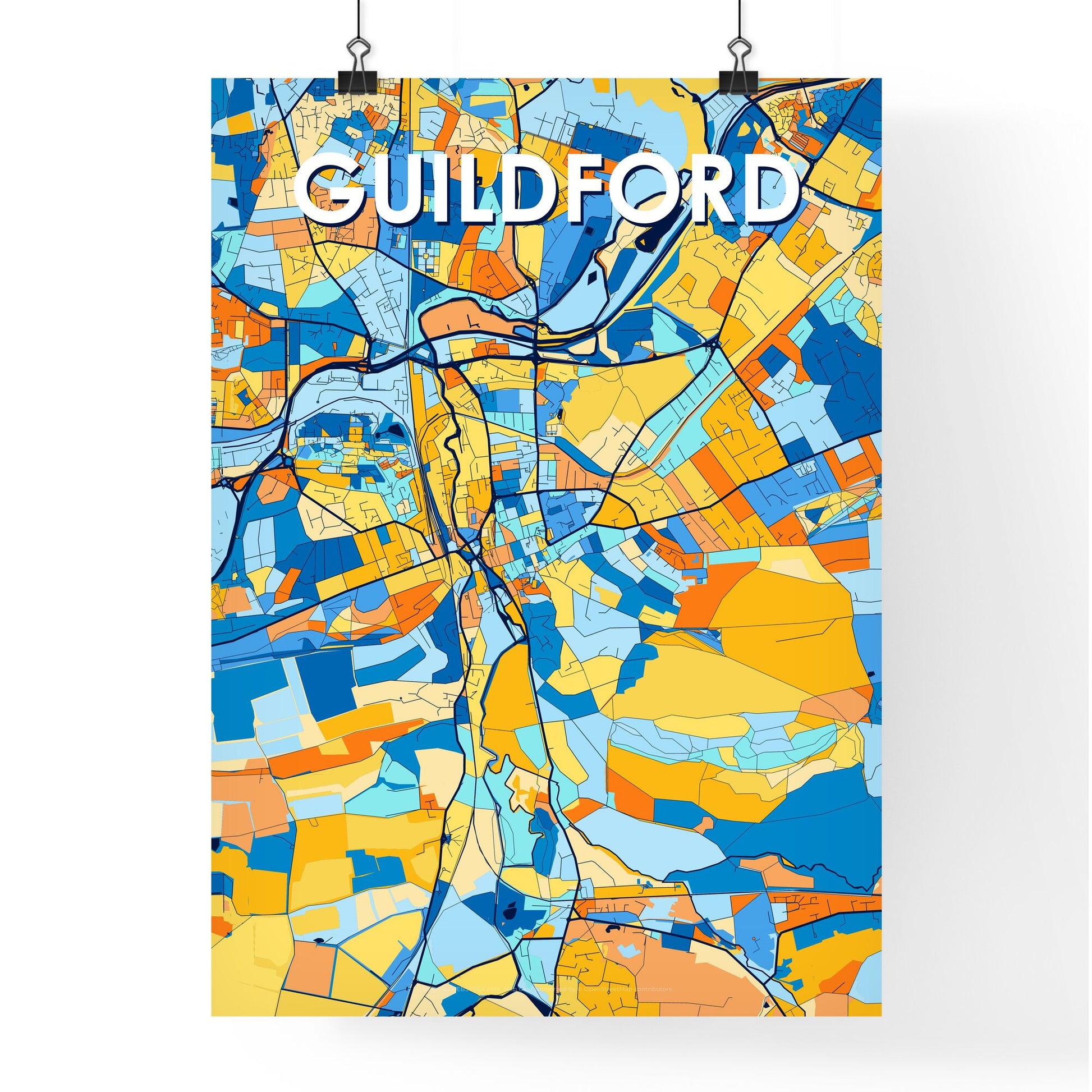 GUILDFORD ENGLAND Vibrant Colorful Art Map Poster Blue Orange