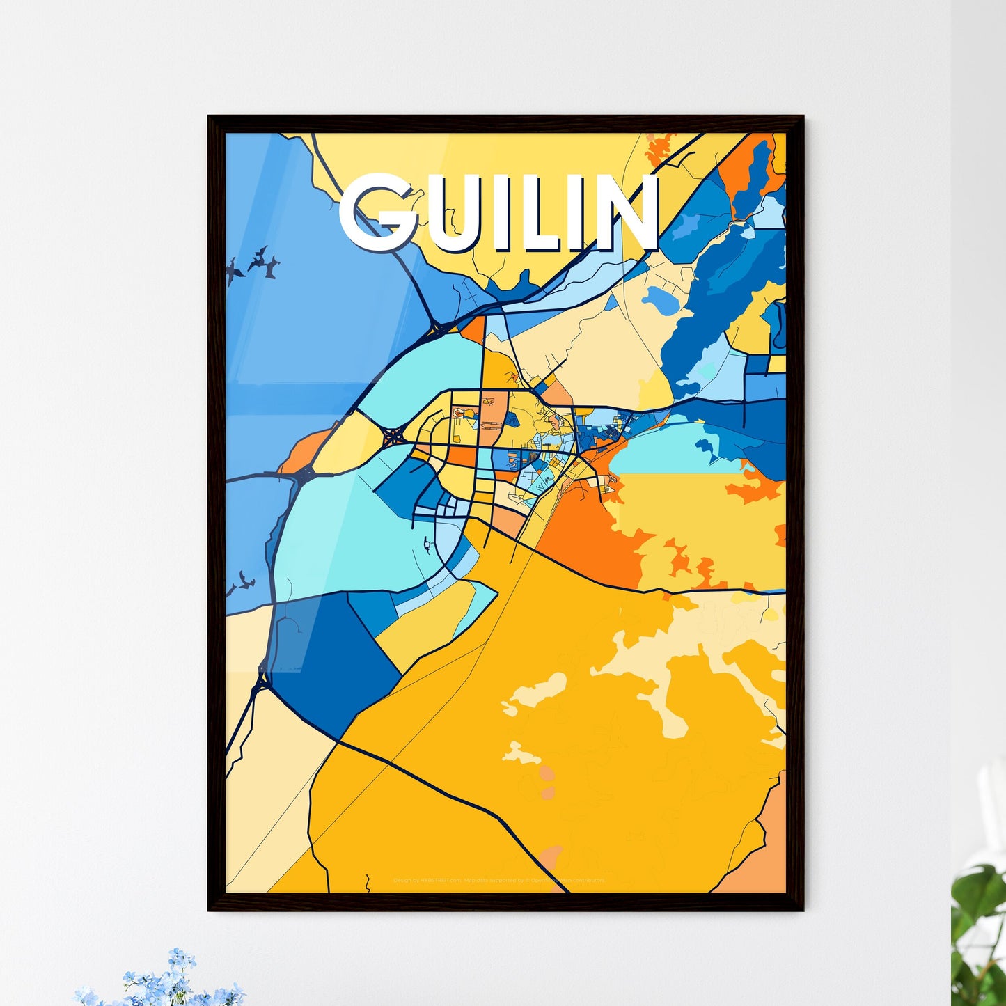 GUILIN CHINA Vibrant Colorful Art Map Poster Blue Orange