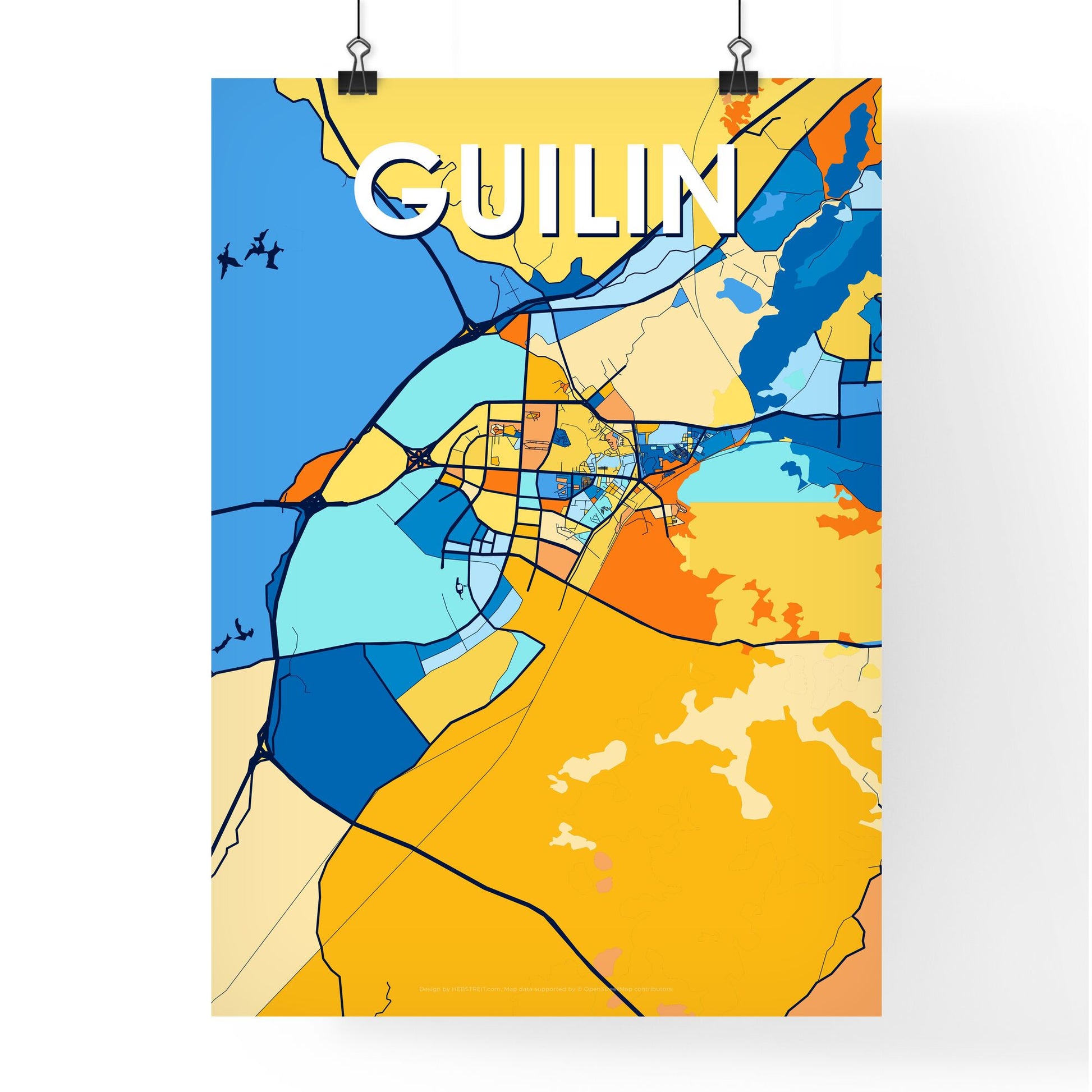 GUILIN CHINA Vibrant Colorful Art Map Poster Blue Orange