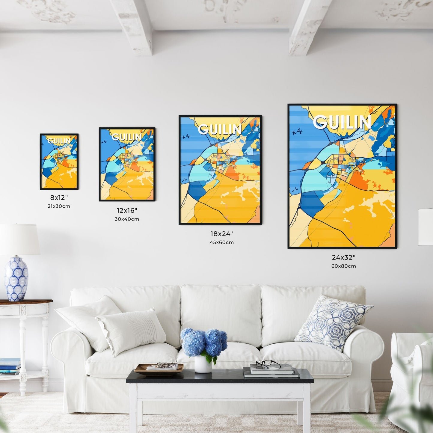 GUILIN CHINA Vibrant Colorful Art Map Poster Blue Orange