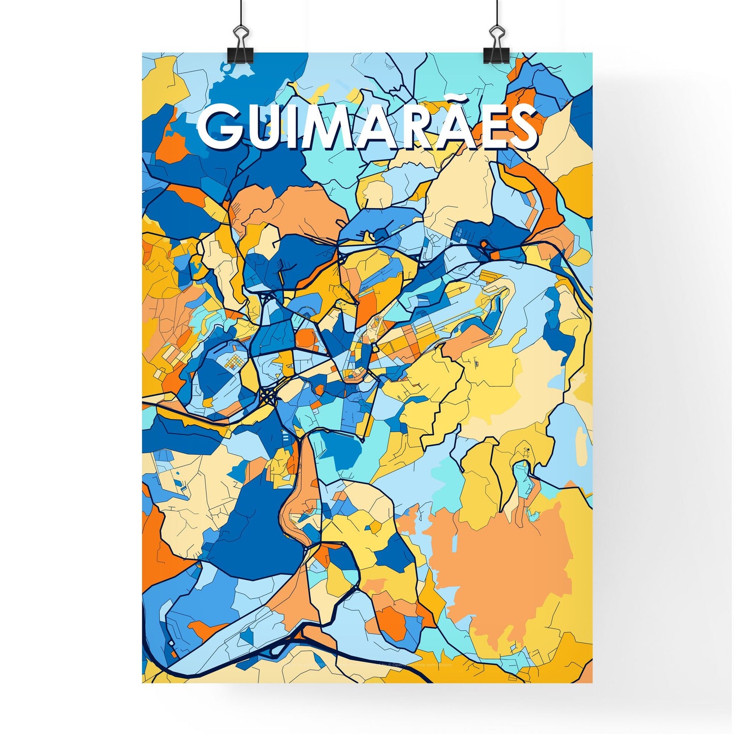 GUIMARÃES PORTUGAL Vibrant Colorful Art Map Poster Blue Orange