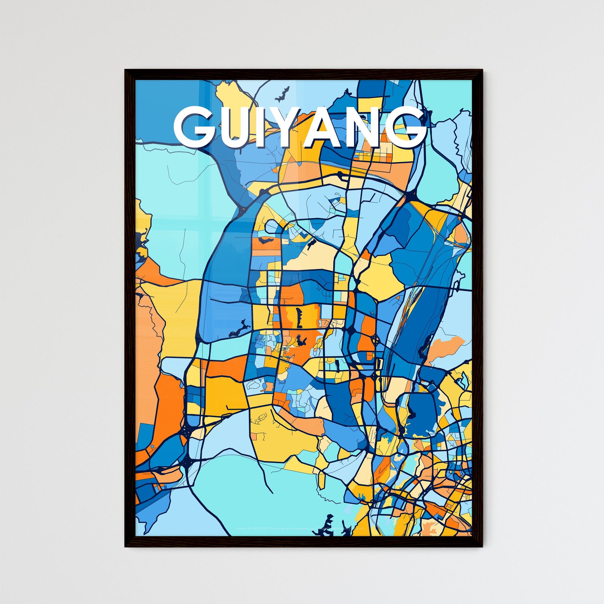 GUIYANG CHINA Vibrant Colorful Art Map Poster Blue Orange