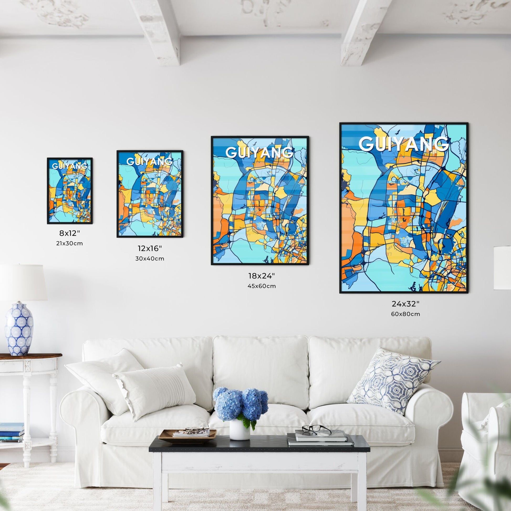 GUIYANG CHINA Vibrant Colorful Art Map Poster Blue Orange