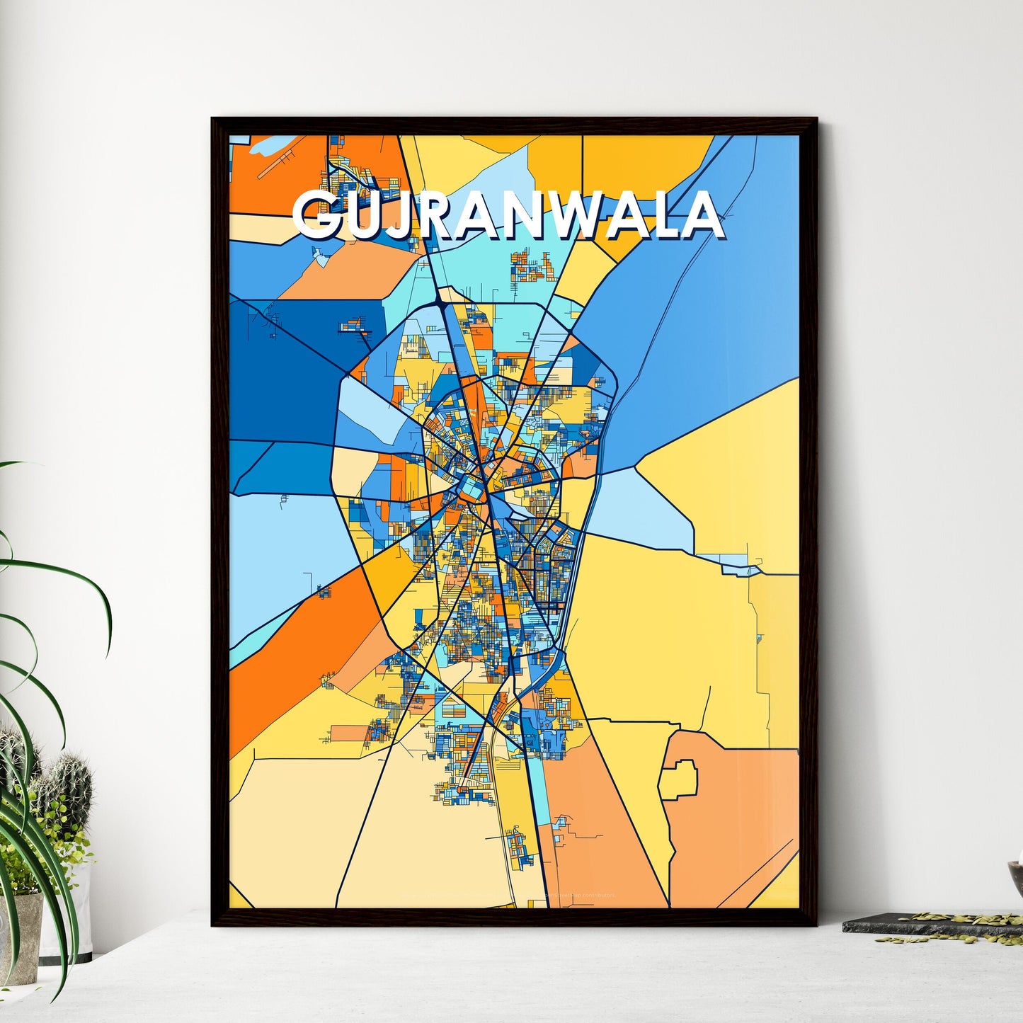 GUJRANWALA PAKISTAN Vibrant Colorful Art Map Poster Blue Orange