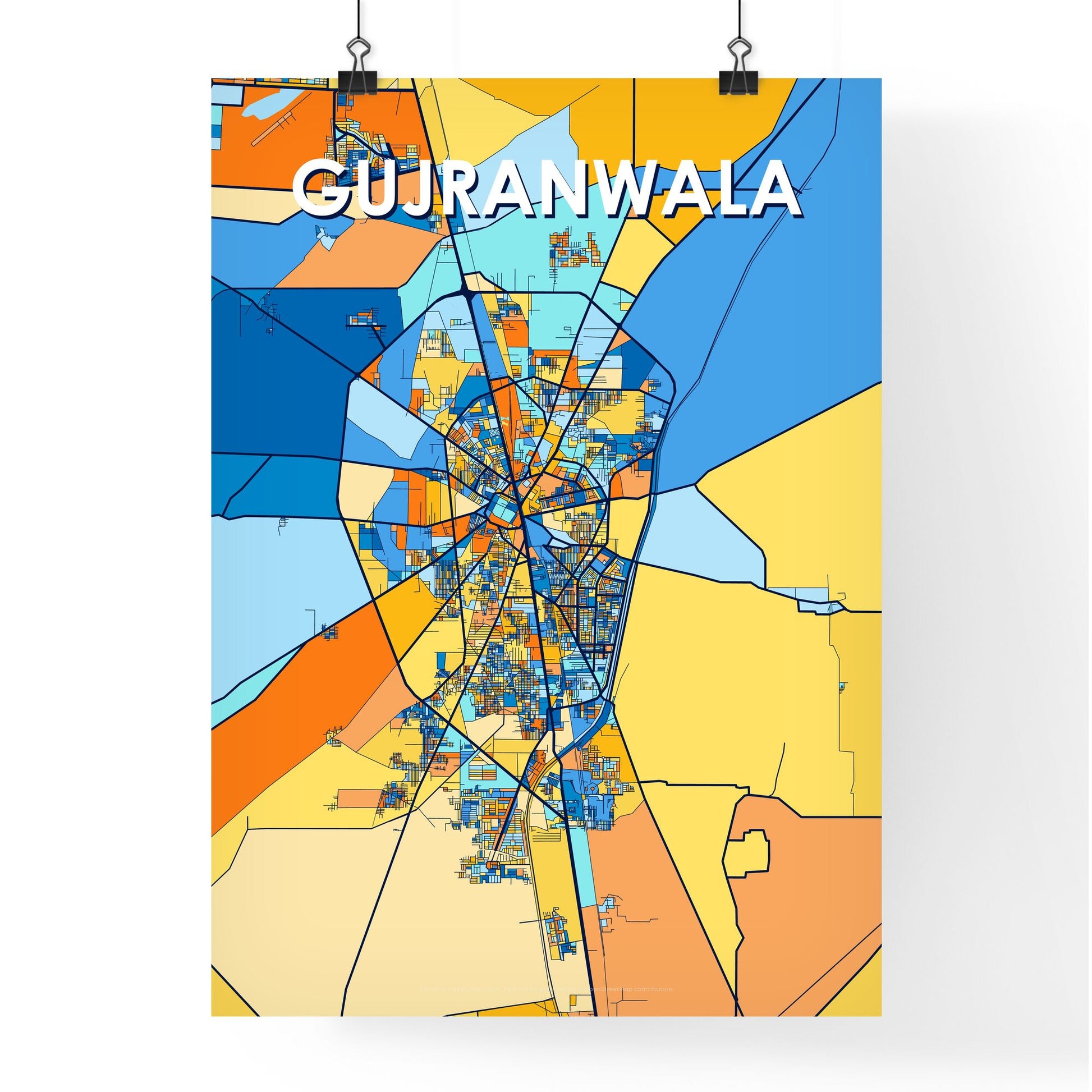 GUJRANWALA PAKISTAN Vibrant Colorful Art Map Poster Blue Orange