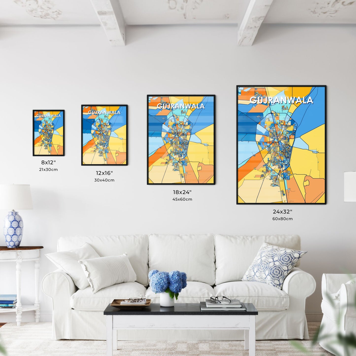 GUJRANWALA PAKISTAN Vibrant Colorful Art Map Poster Blue Orange