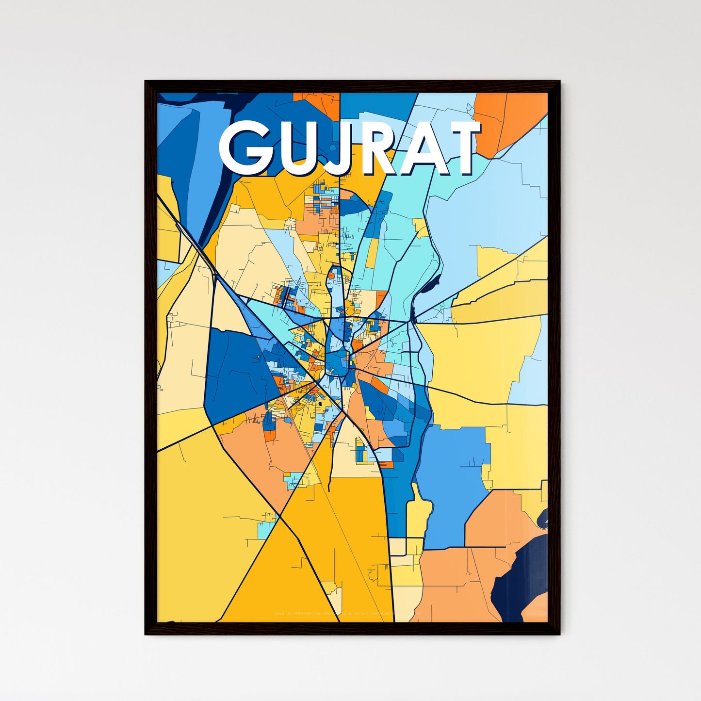 GUJRAT PAKISTAN Vibrant Colorful Art Map Poster Blue Orange