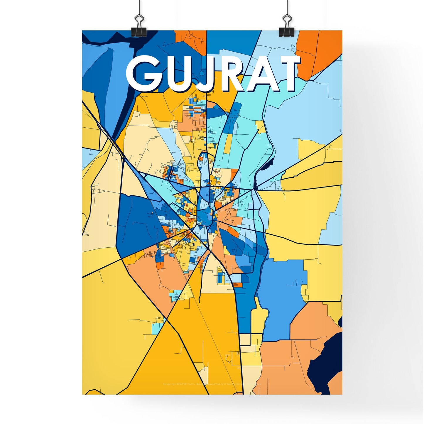 GUJRAT PAKISTAN Vibrant Colorful Art Map Poster Blue Orange