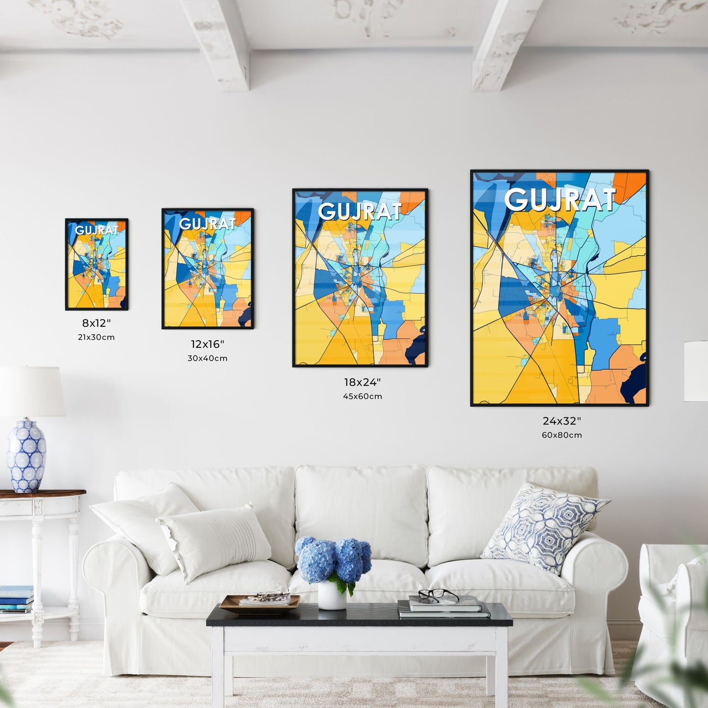 GUJRAT PAKISTAN Vibrant Colorful Art Map Poster Blue Orange