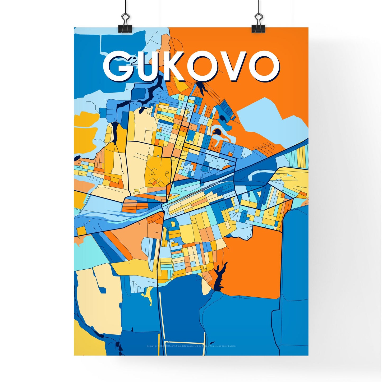 GUKOVO RUSSIA Vibrant Colorful Art Map Poster Blue Orange