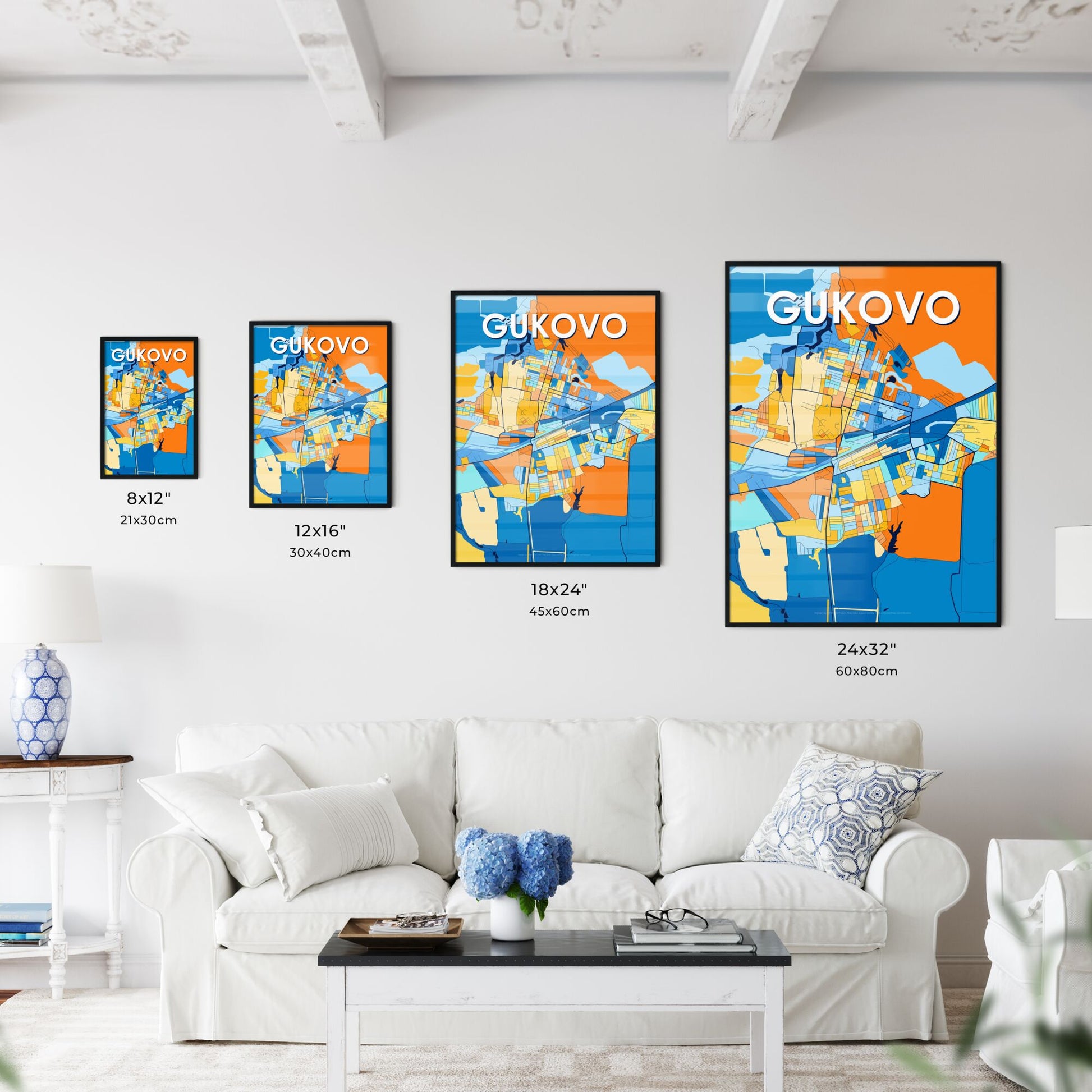 GUKOVO RUSSIA Vibrant Colorful Art Map Poster Blue Orange