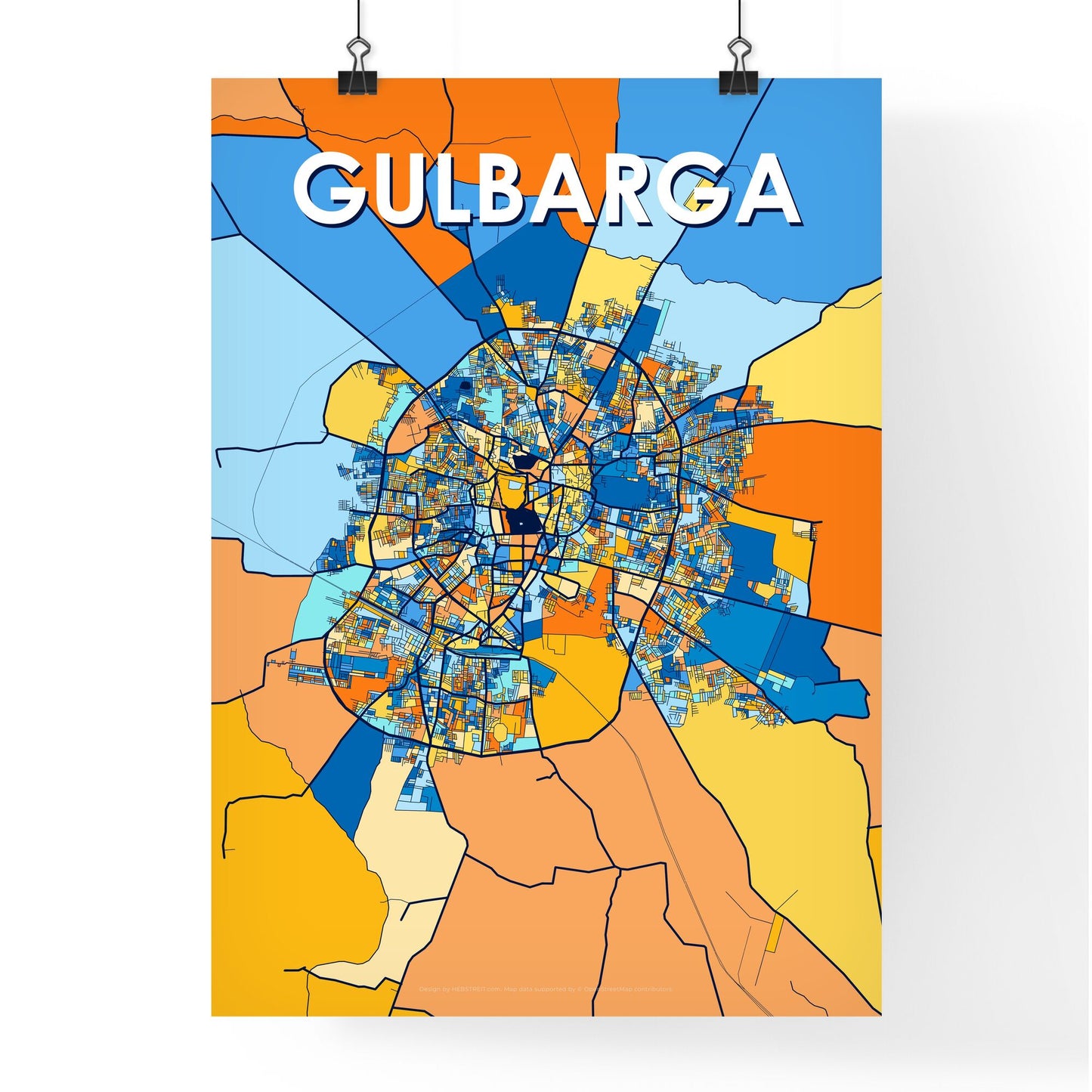 GULBARGA INDIA Vibrant Colorful Art Map Poster Blue Orange