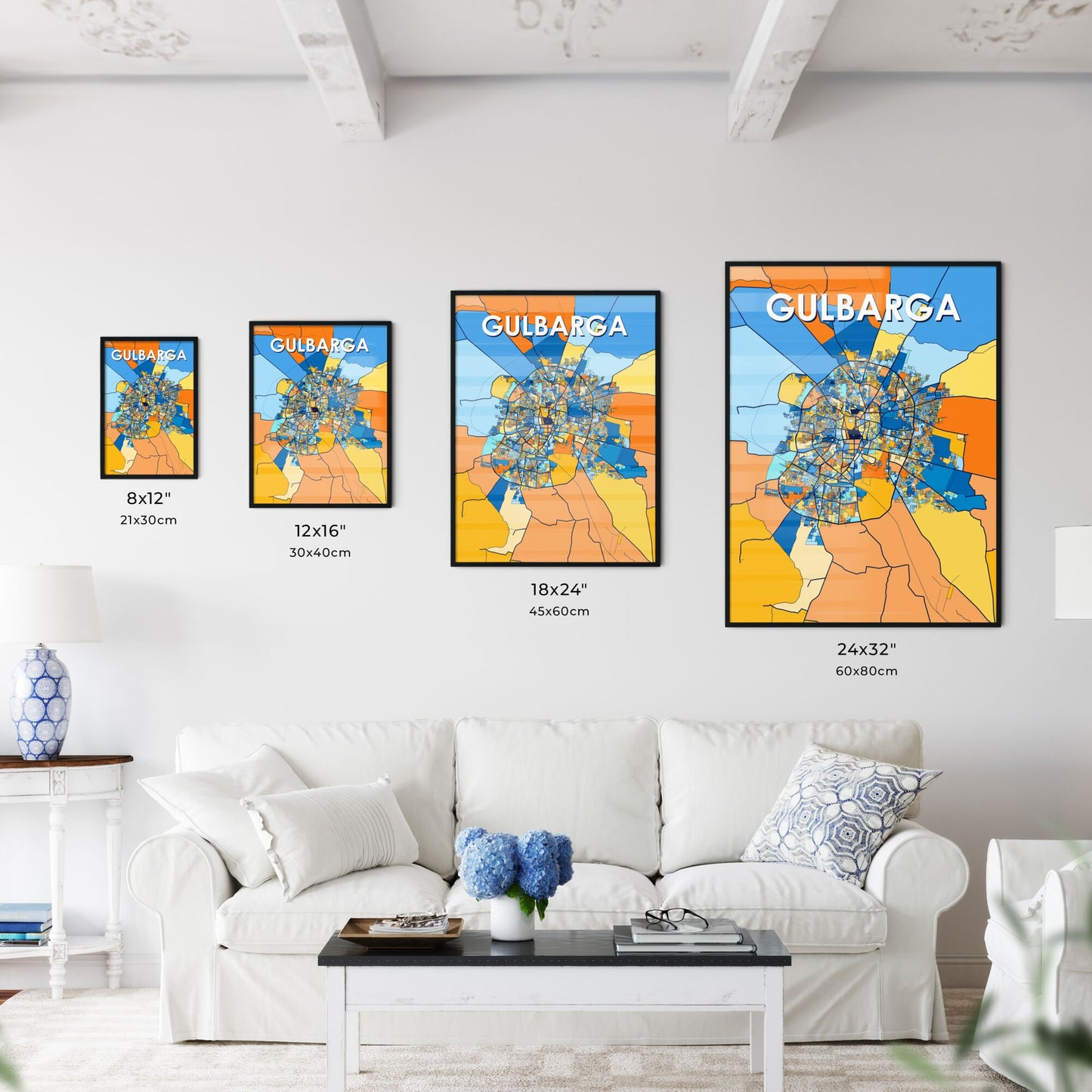 GULBARGA INDIA Vibrant Colorful Art Map Poster Blue Orange