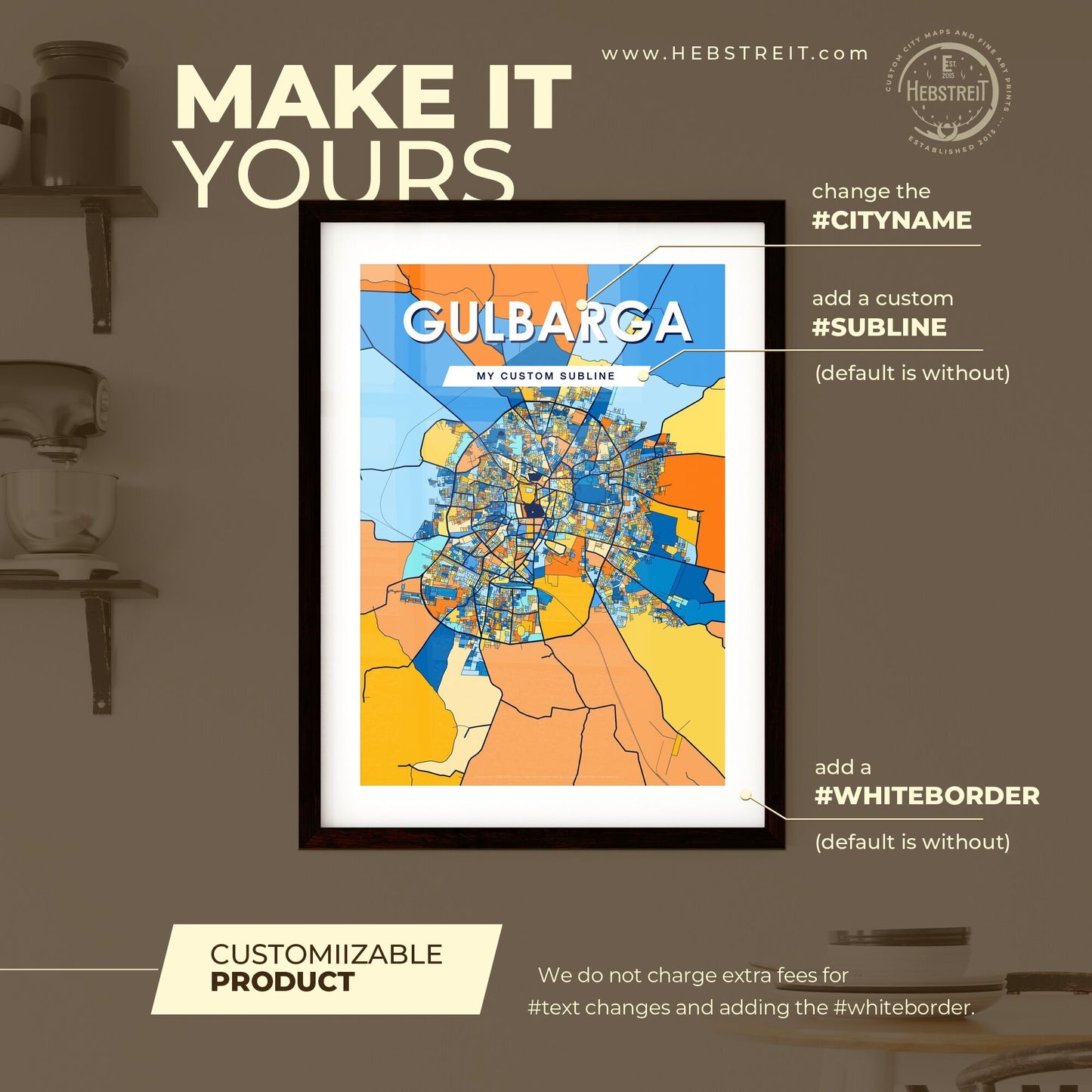 GULBARGA INDIA Vibrant Colorful Art Map Poster Blue Orange