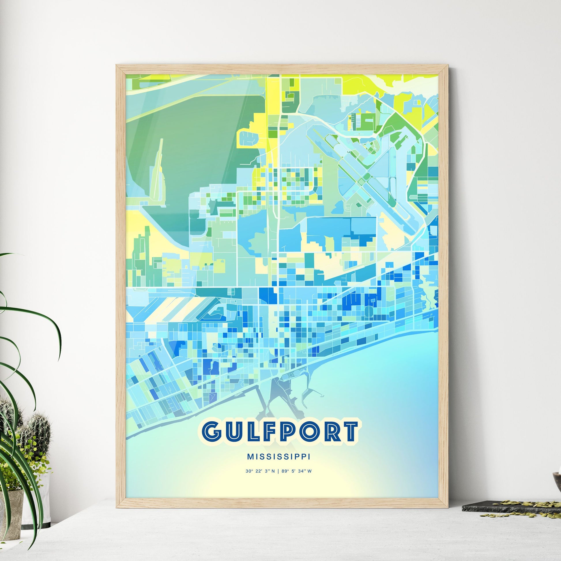 Colorful Gulfport Mississippi Fine Art Map Cool Blue
