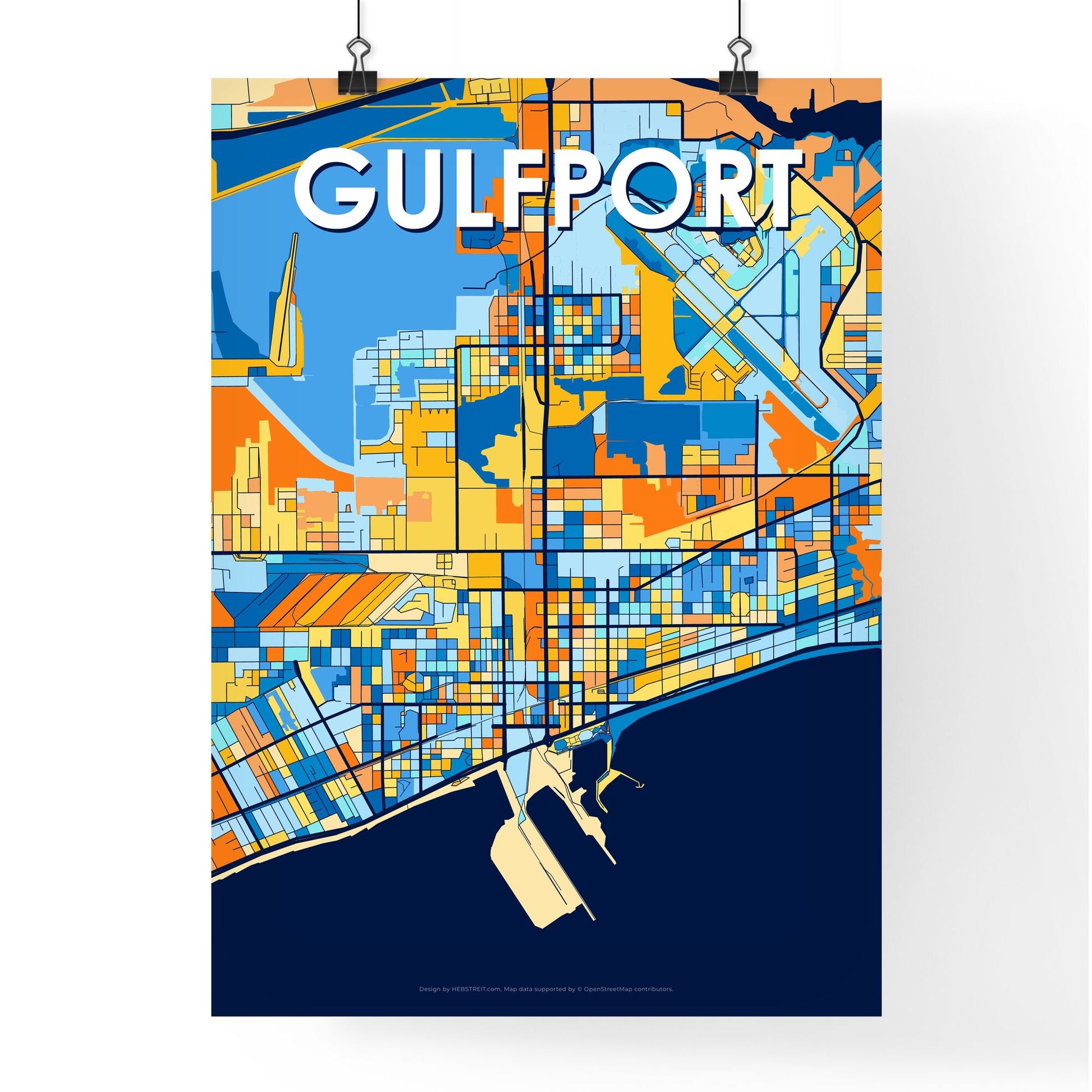 GULFPORT MISSISSIPPI Vibrant Colorful Art Map Poster Blue Orange