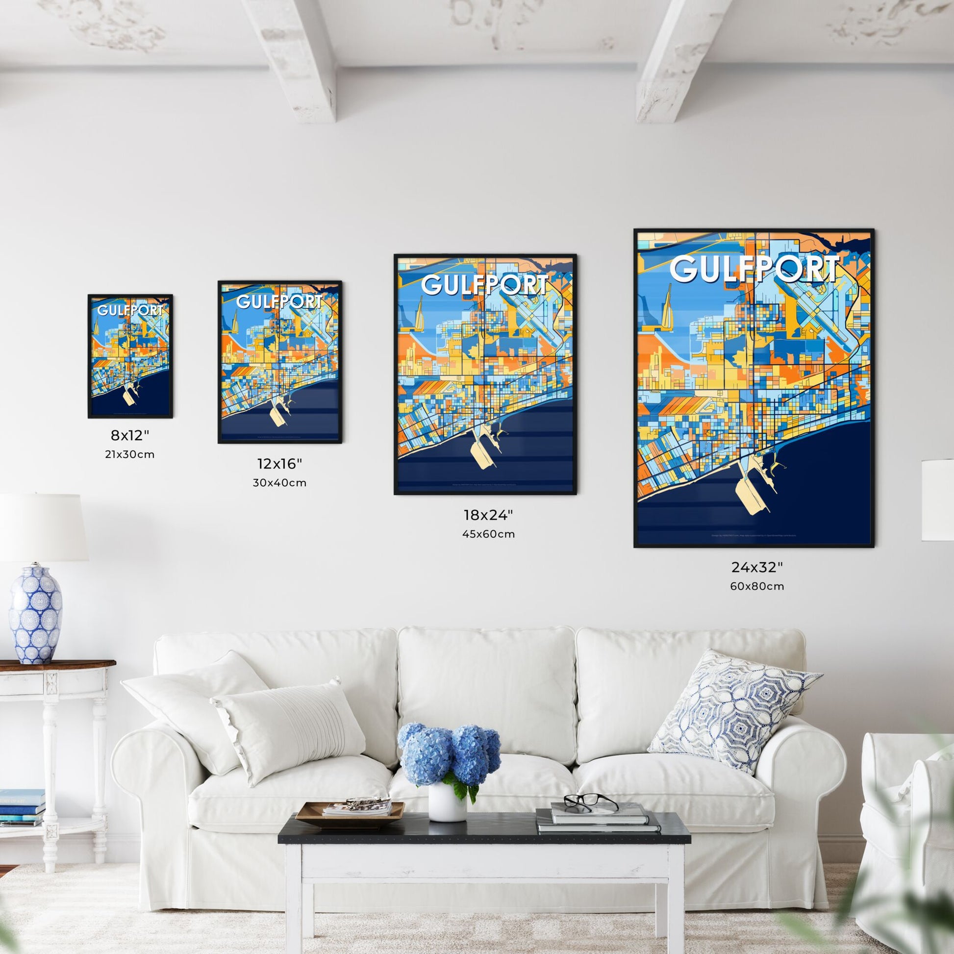 GULFPORT MISSISSIPPI Vibrant Colorful Art Map Poster Blue Orange