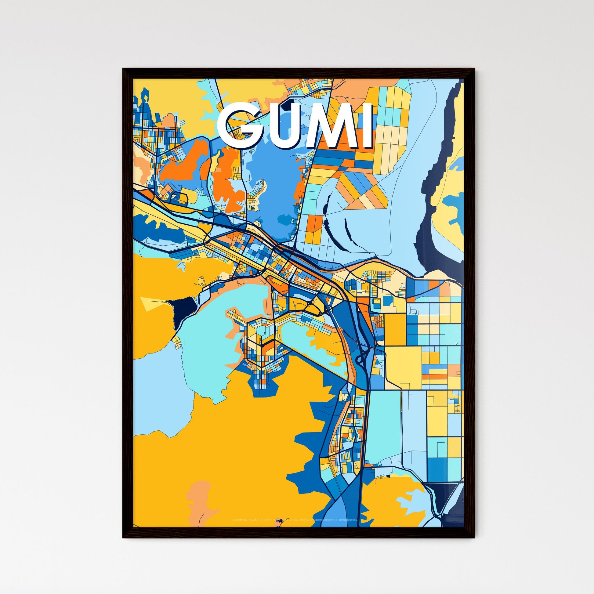 GUMI SOUTH KOREA Vibrant Colorful Art Map Poster Blue Orange