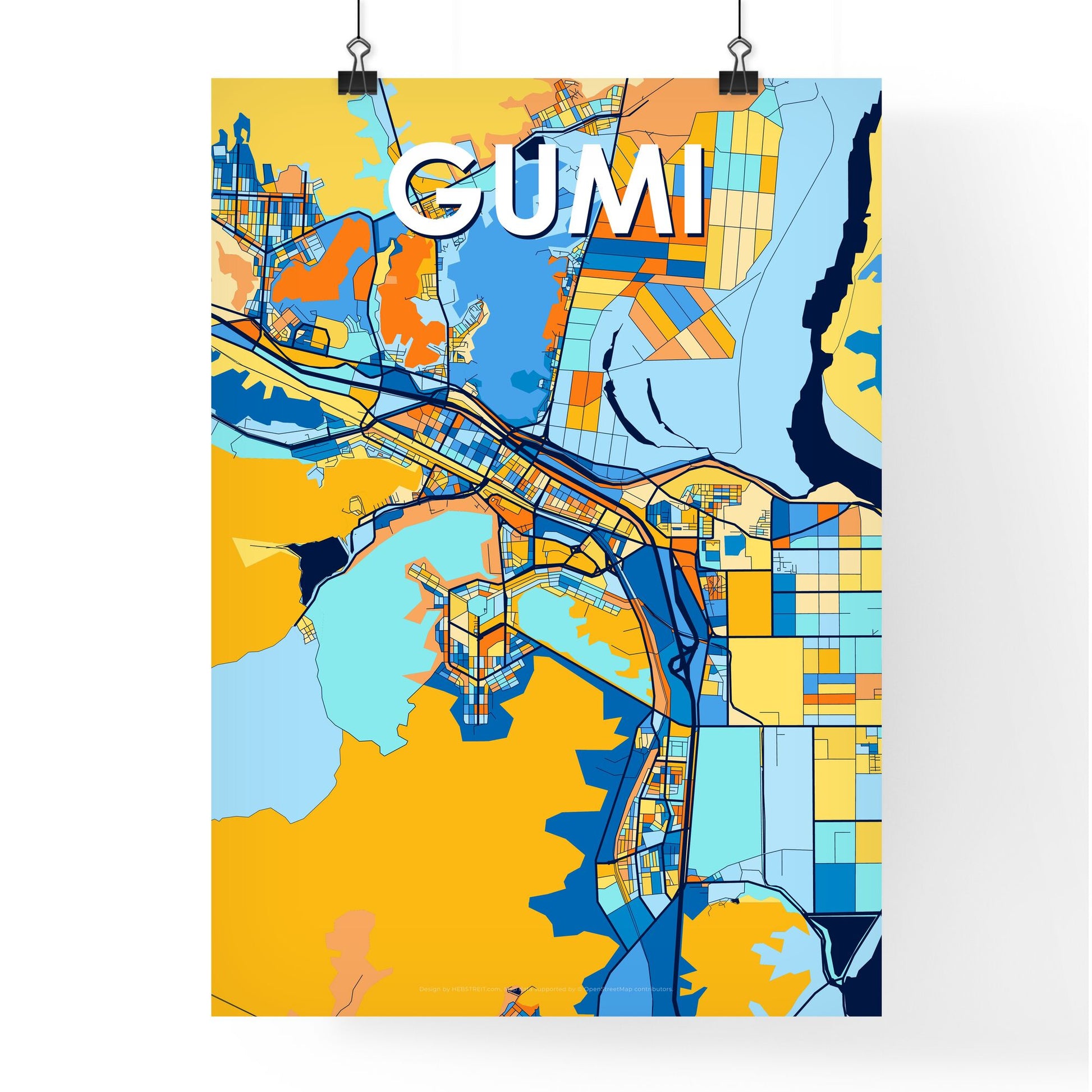 GUMI SOUTH KOREA Vibrant Colorful Art Map Poster Blue Orange