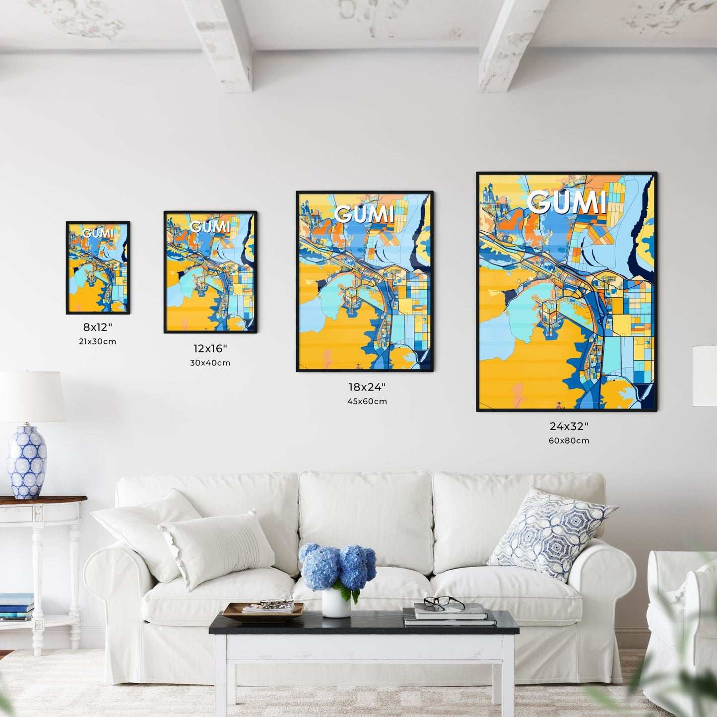 GUMI SOUTH KOREA Vibrant Colorful Art Map Poster Blue Orange