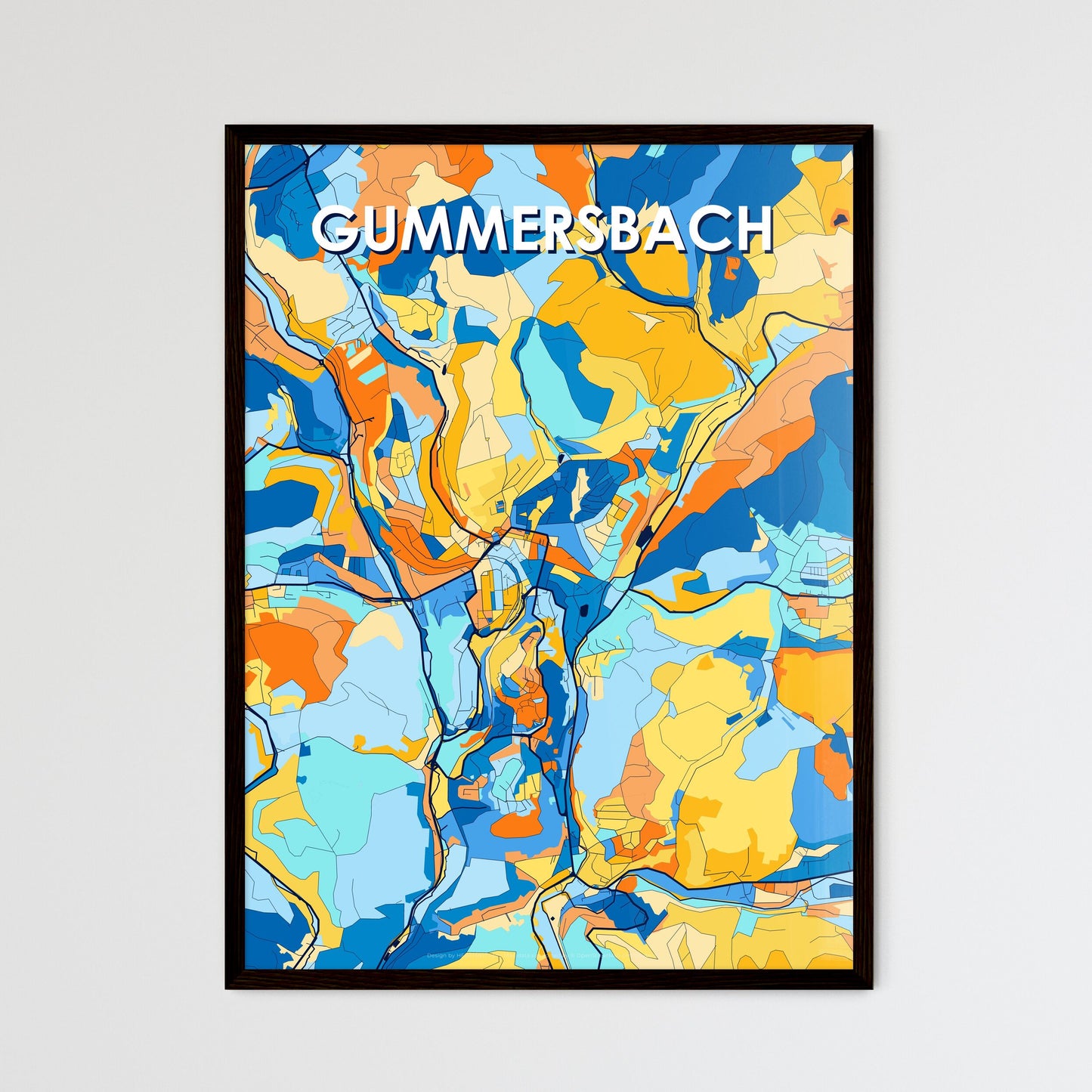 GUMMERSBACH GERMANY Vibrant Colorful Art Map Poster Blue Orange