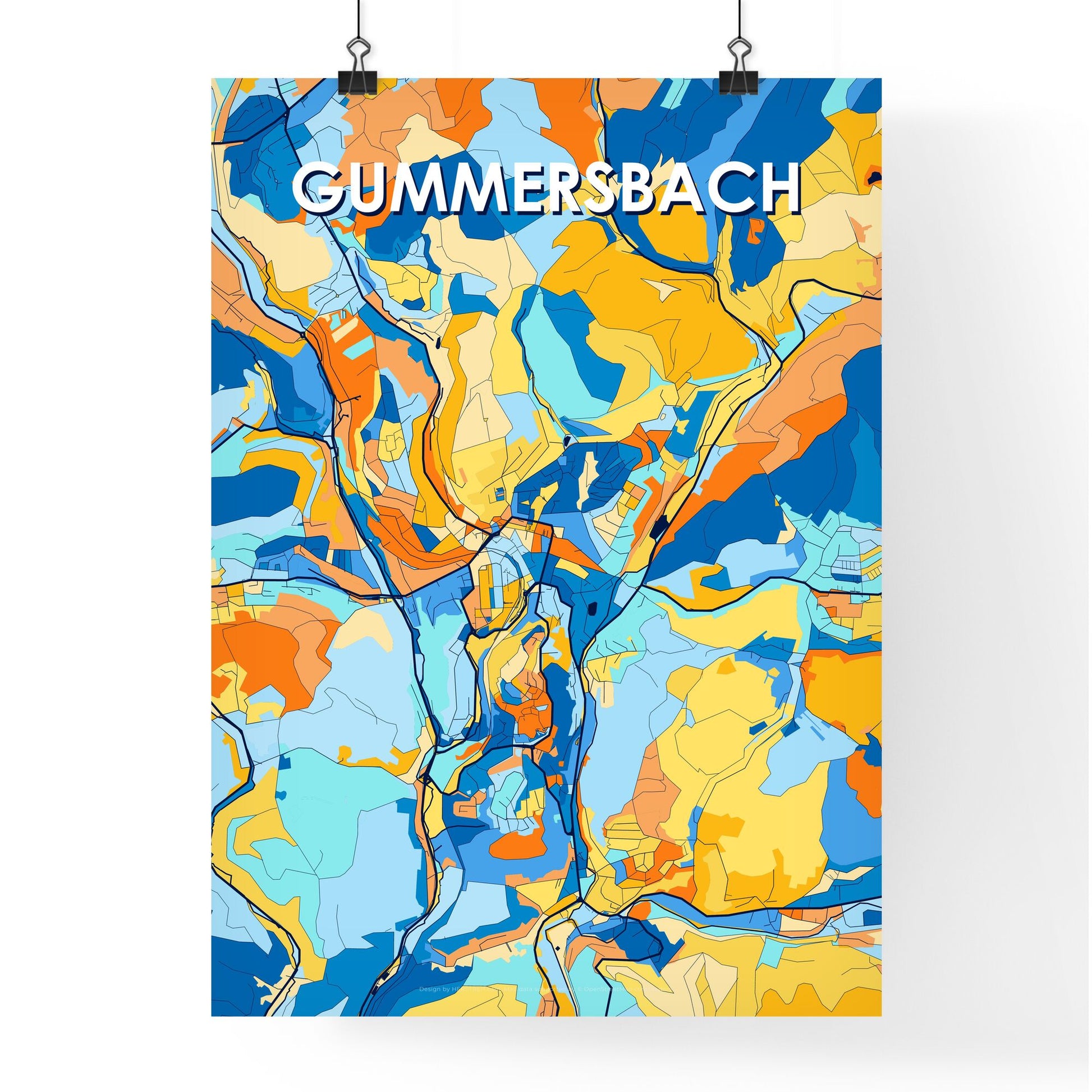 GUMMERSBACH GERMANY Vibrant Colorful Art Map Poster Blue Orange