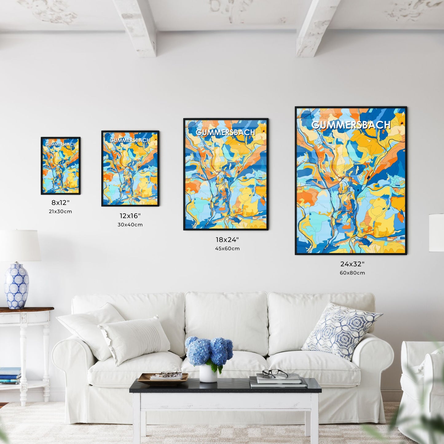 GUMMERSBACH GERMANY Vibrant Colorful Art Map Poster Blue Orange