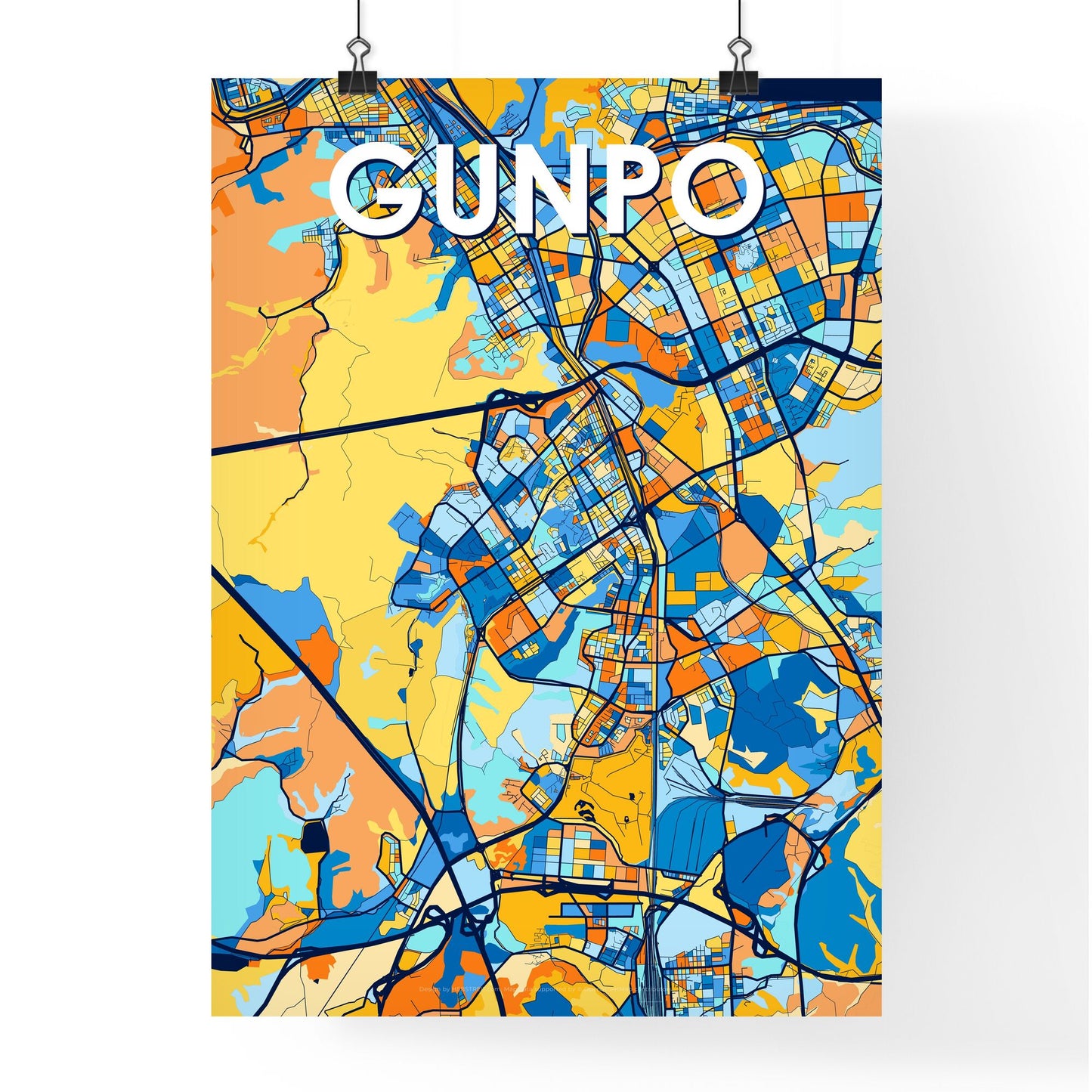 GUNPO SOUTH KOREA Vibrant Colorful Art Map Poster Blue Orange