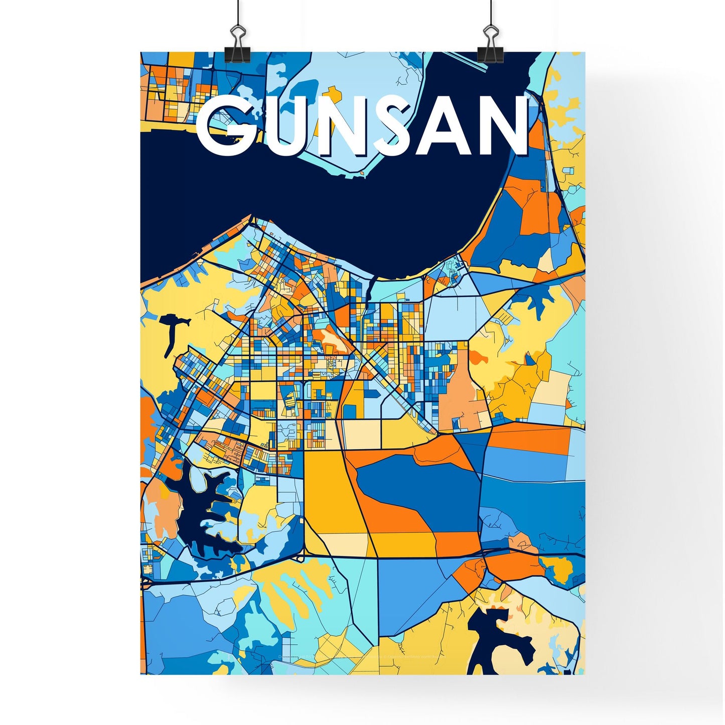 GUNSAN SOUTH KOREA Vibrant Colorful Art Map Poster Blue Orange