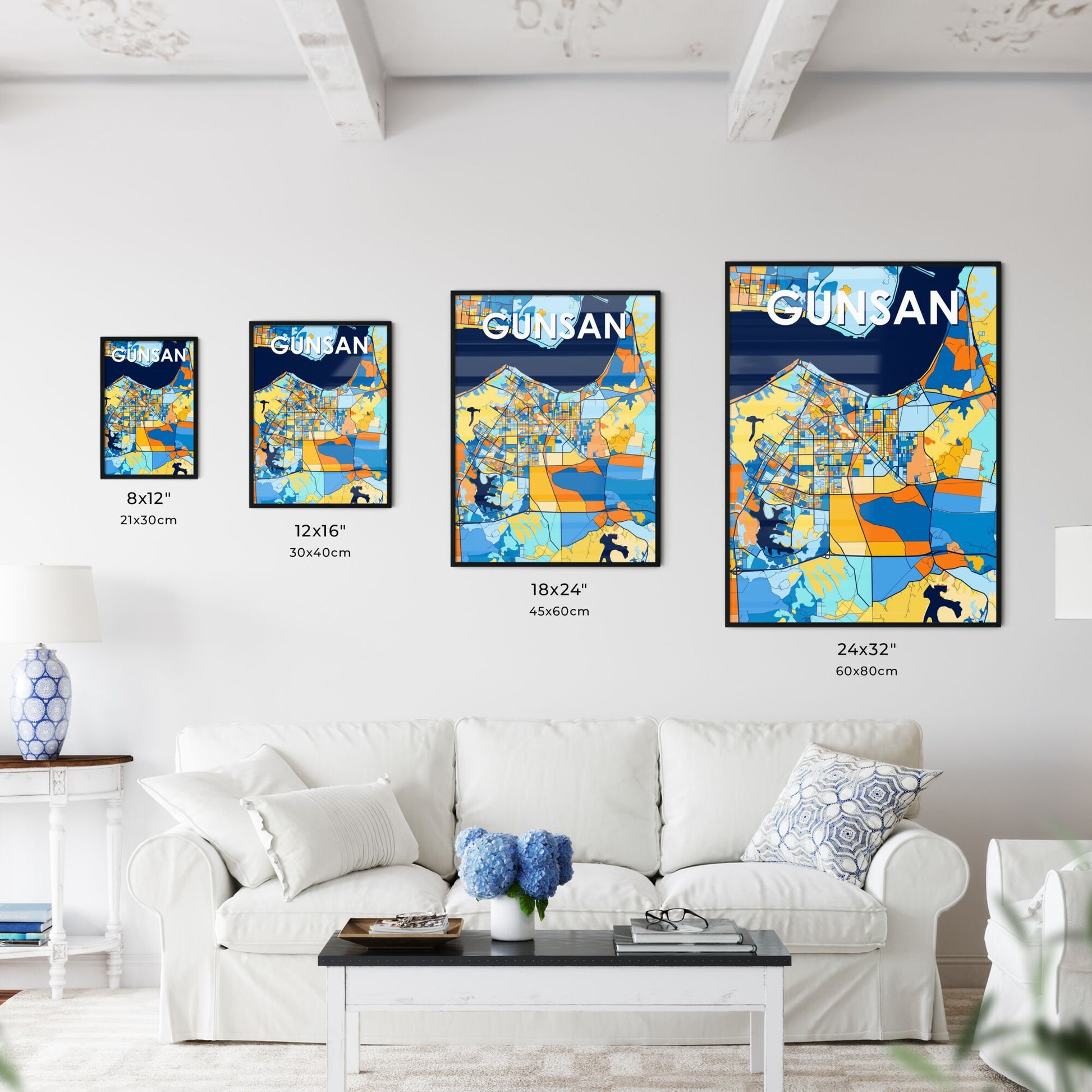 GUNSAN SOUTH KOREA Vibrant Colorful Art Map Poster Blue Orange