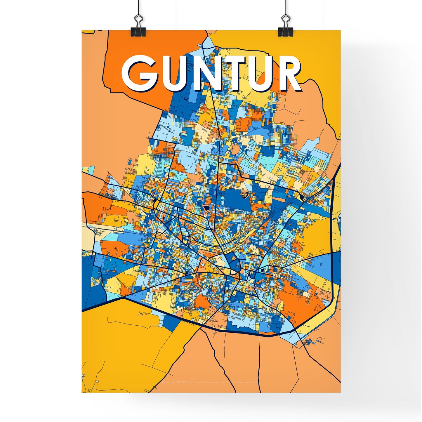 GUNTUR INDIA Vibrant Colorful Art Map Poster Blue Orange