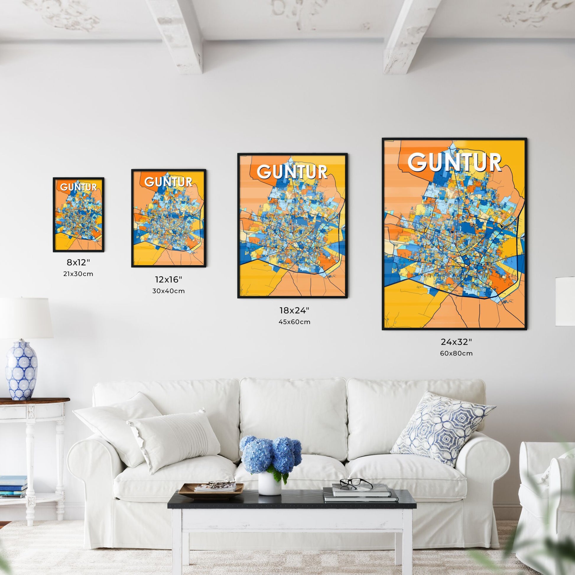 GUNTUR INDIA Vibrant Colorful Art Map Poster Blue Orange