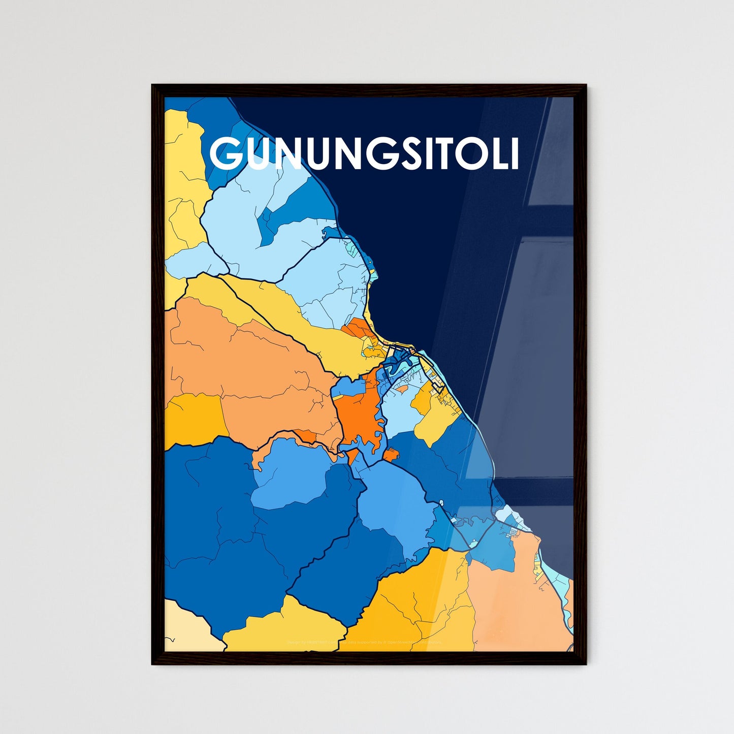 GUNUNGSITOLI INDONESIA Vibrant Colorful Art Map Poster Blue Orange