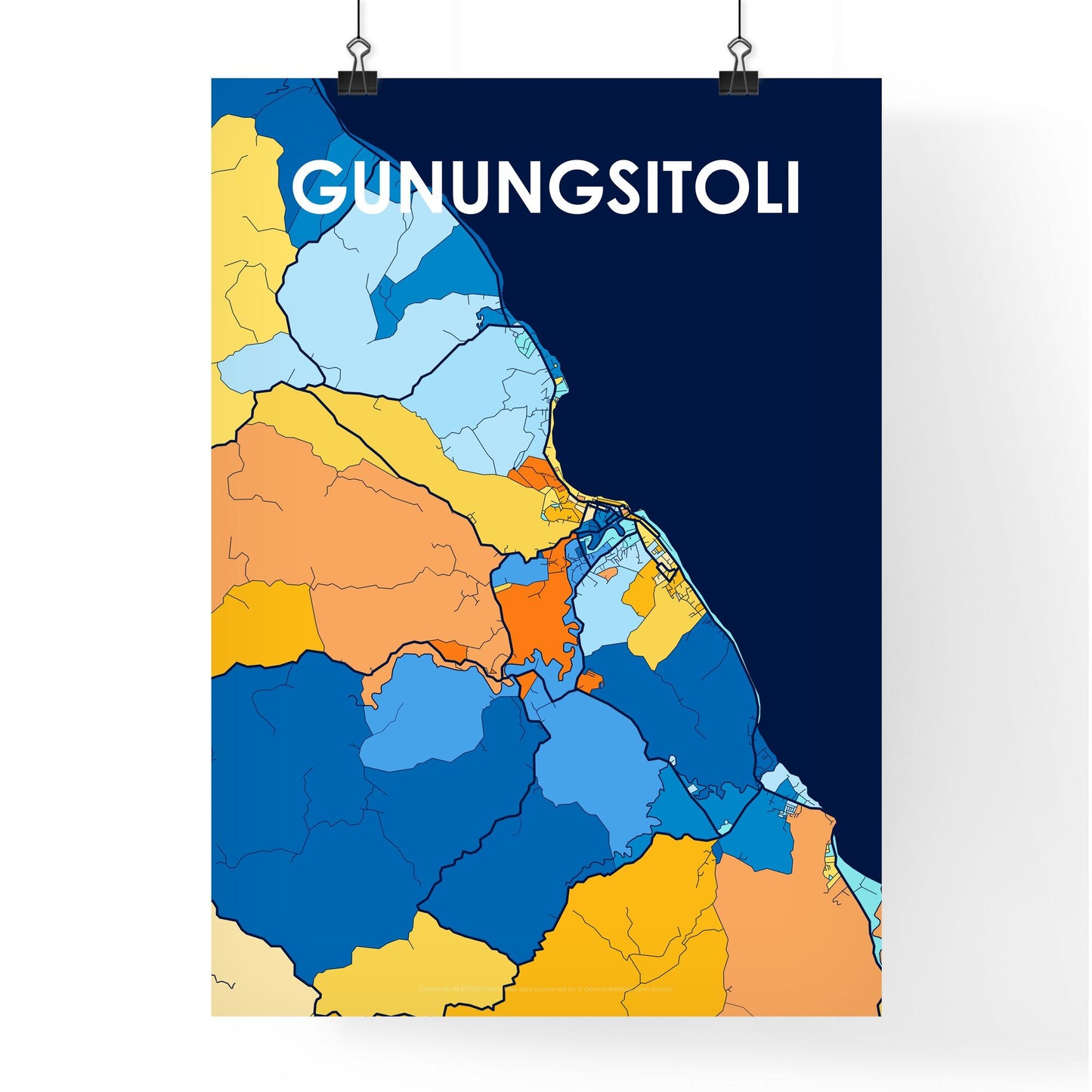 GUNUNGSITOLI INDONESIA Vibrant Colorful Art Map Poster Blue Orange