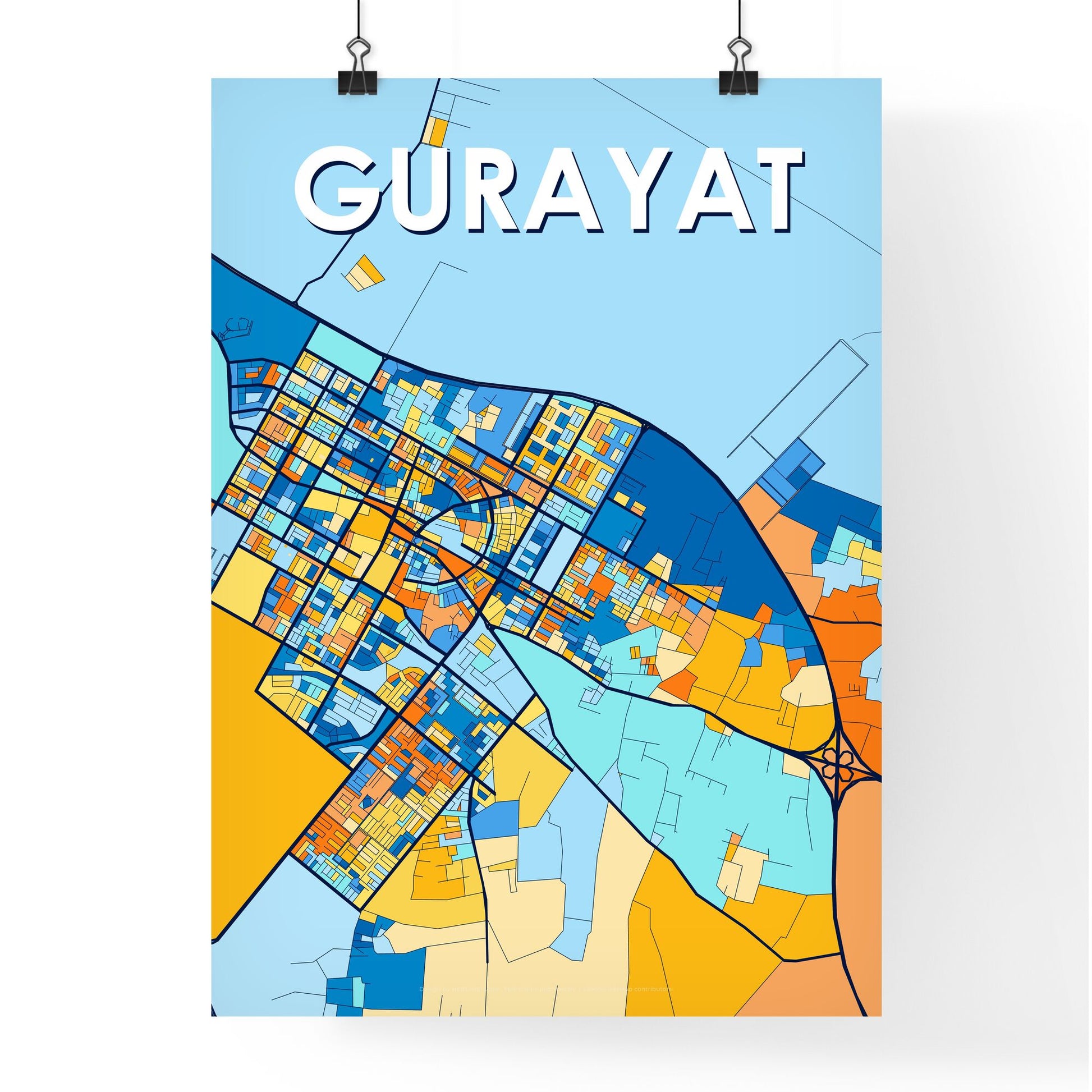 GURAYAT SAUDI ARABIA Vibrant Colorful Art Map Poster Blue Orange